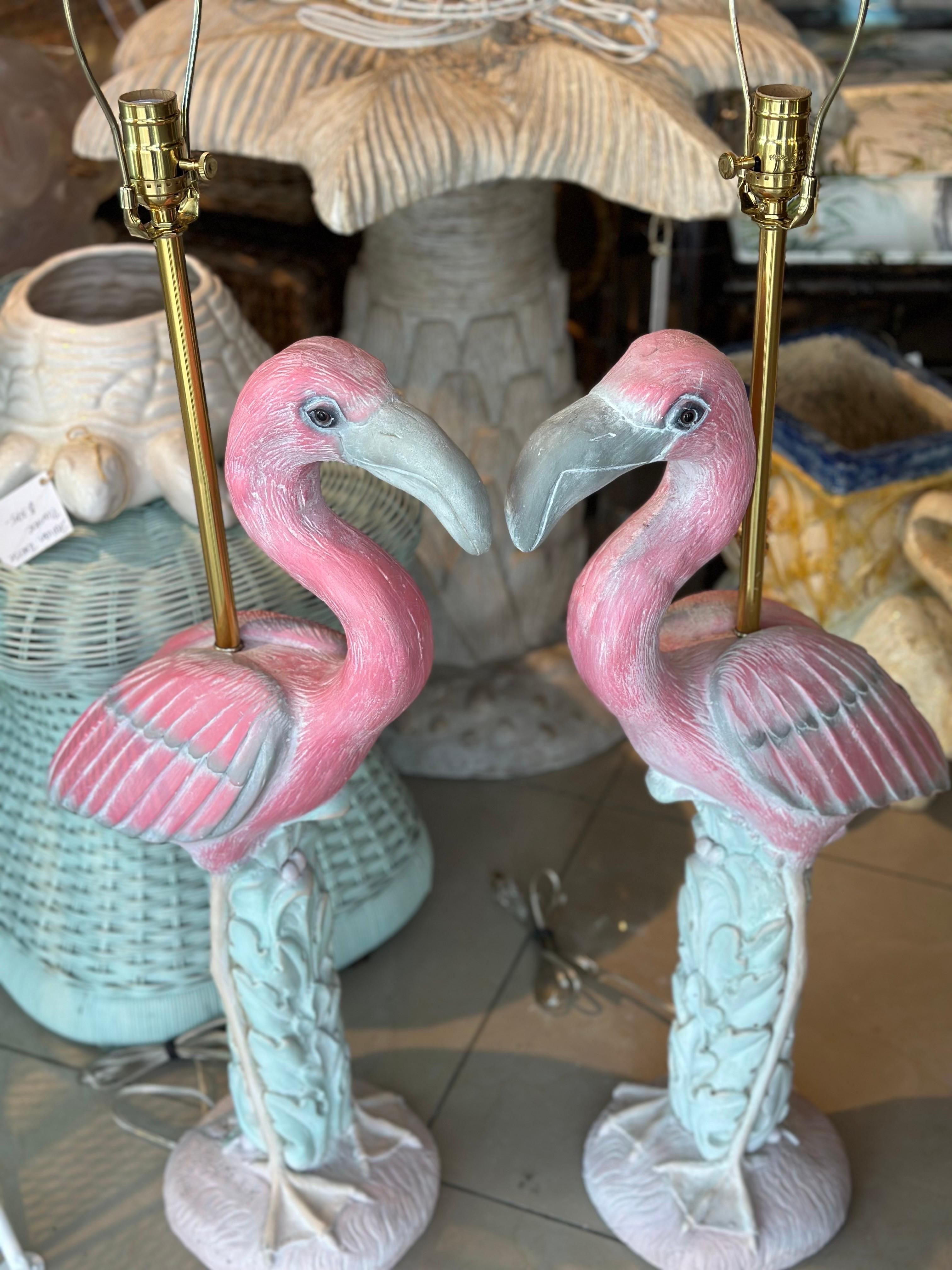 Vintage Pair of Palm Beach Pink Plaster Flamingo Bird Table Lamps Newly Wired In Good Condition In West Palm Beach, FL