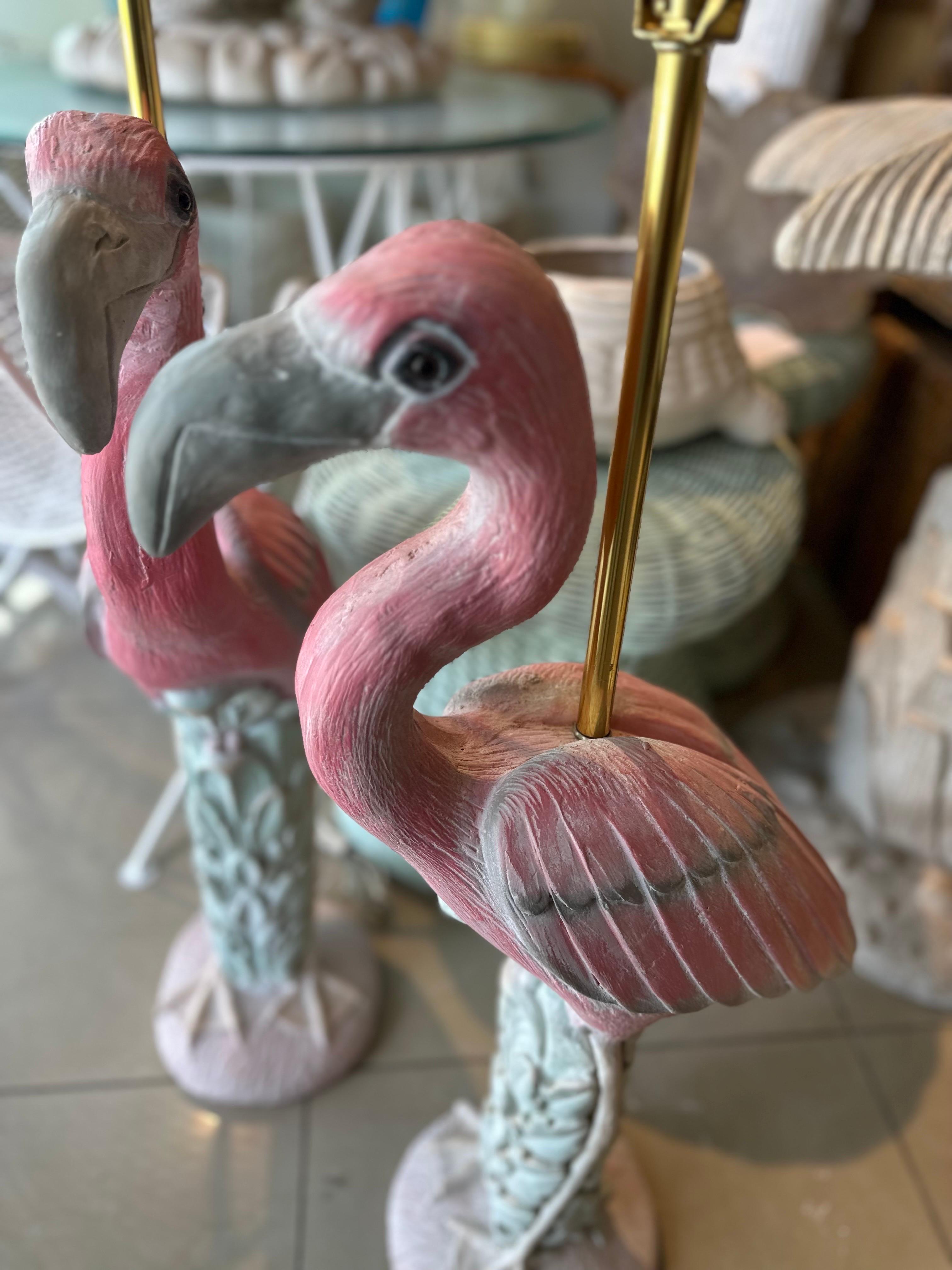 Late 20th Century Vintage Pair of Palm Beach Pink Plaster Flamingo Bird Table Lamps Newly Wired