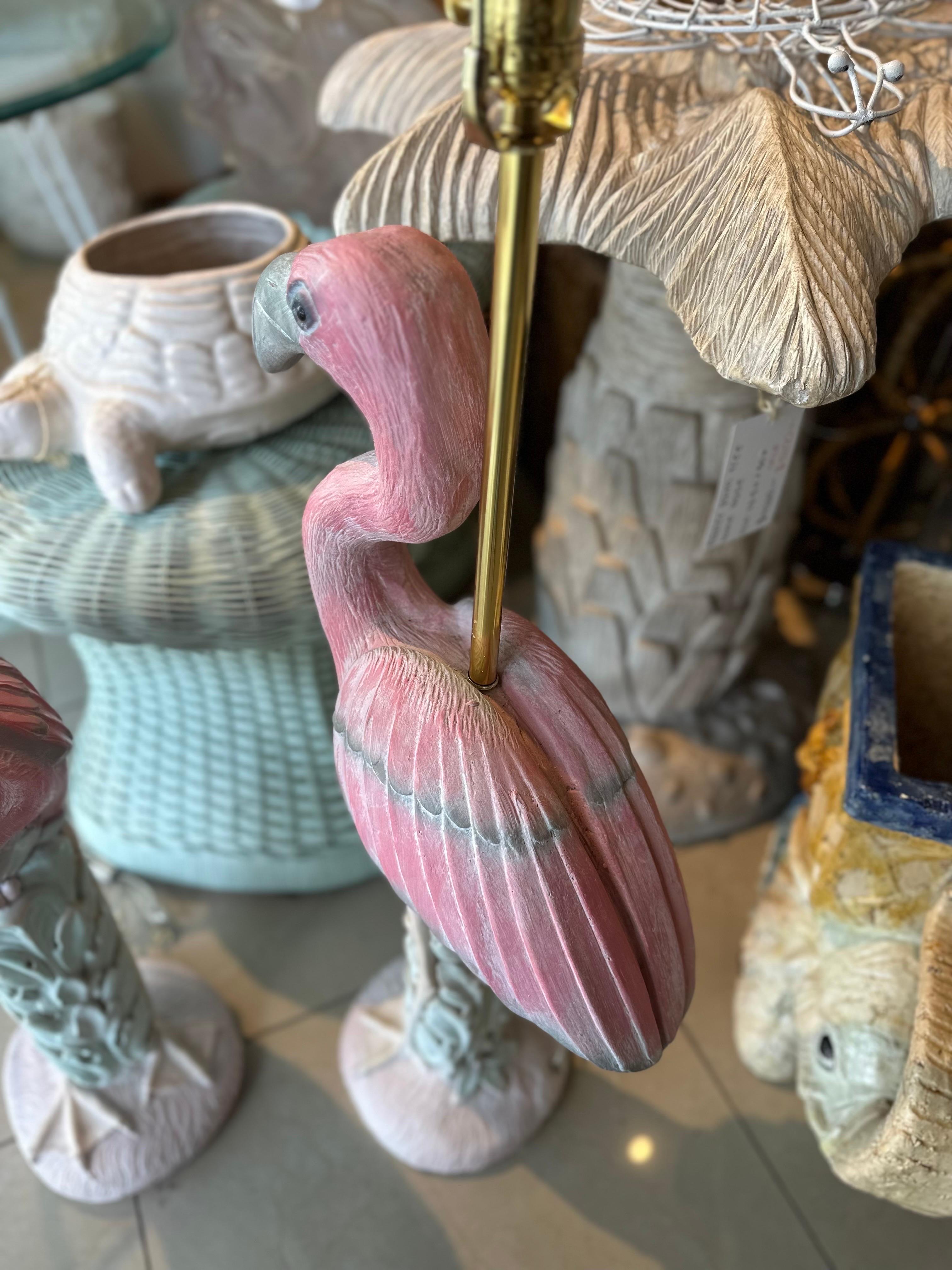 Vintage Pair of Palm Beach Pink Plaster Flamingo Bird Table Lamps Newly Wired 1