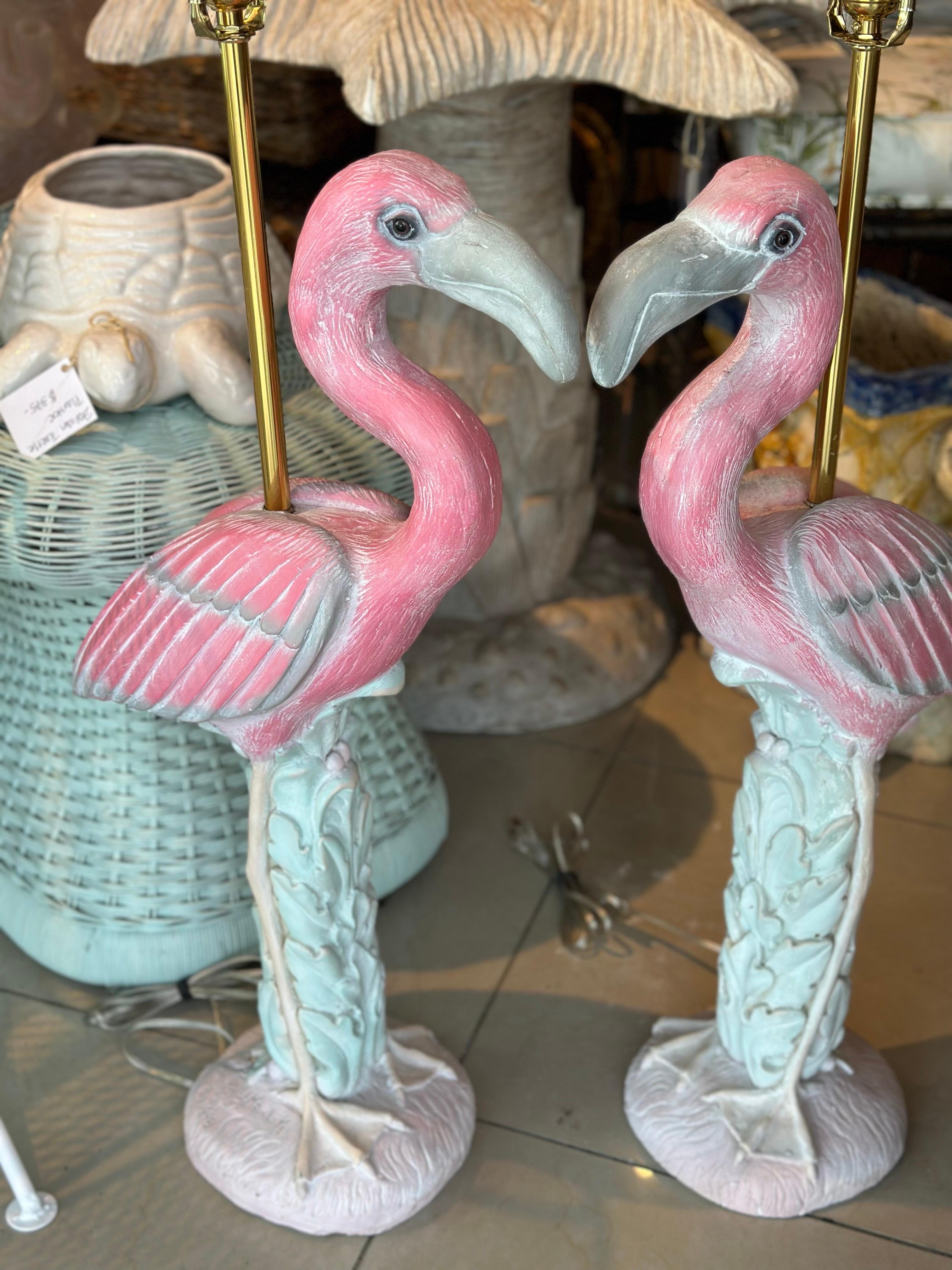 Vintage Pair of Palm Beach Pink Plaster Flamingo Bird Table Lamps Newly Wired 2