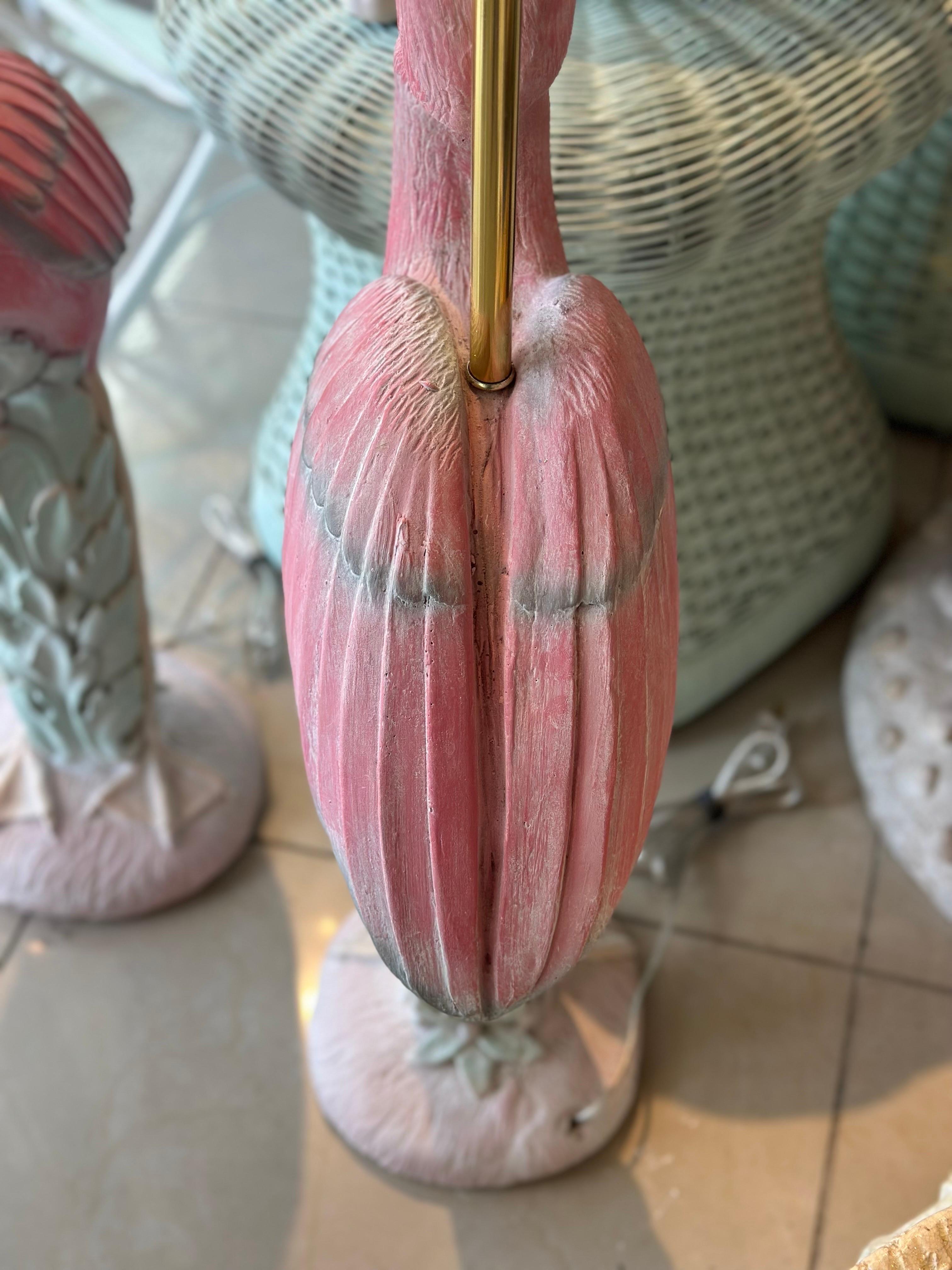 Vintage Pair of Palm Beach Pink Plaster Flamingo Bird Table Lamps Newly Wired 3