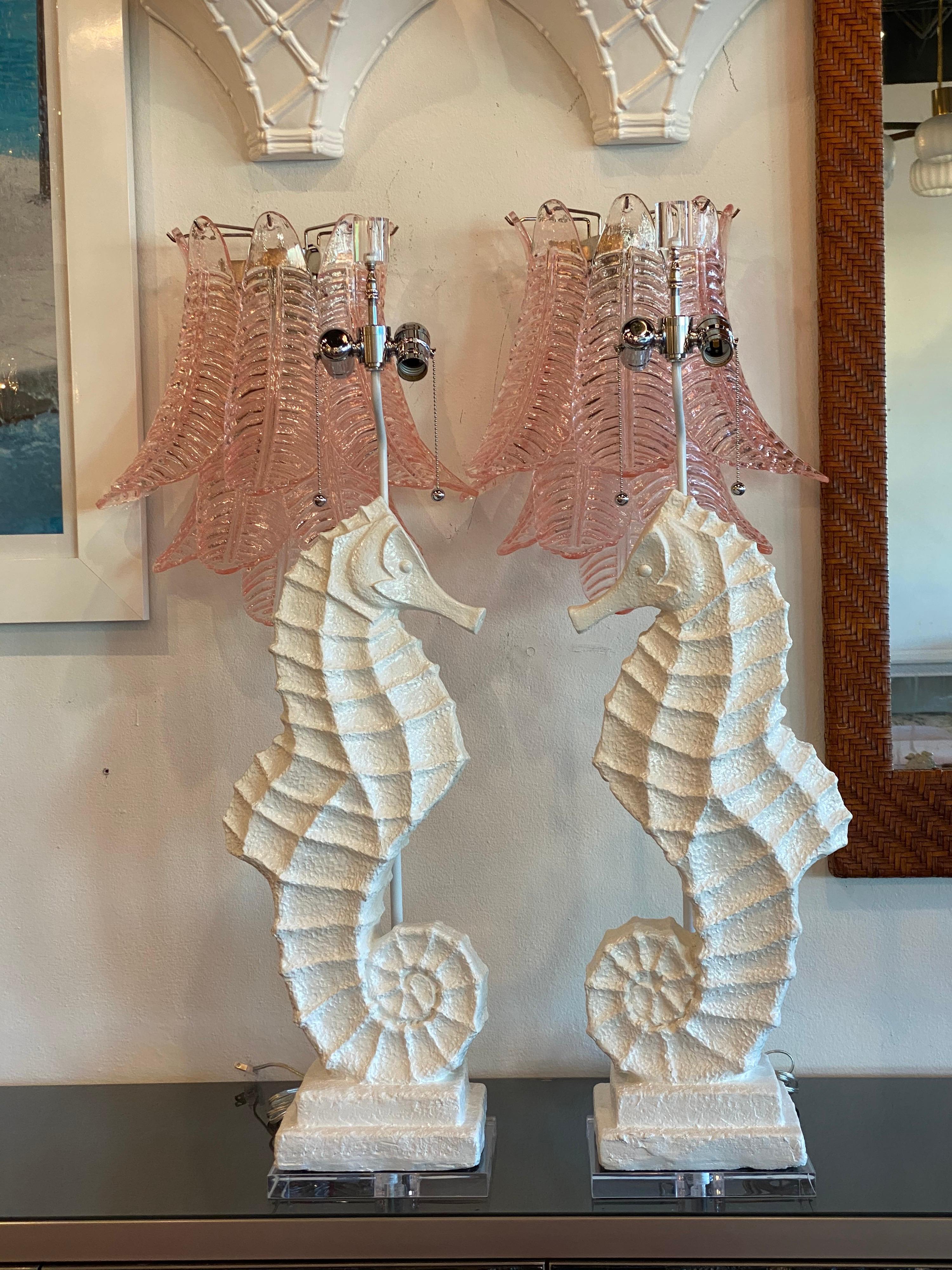Vintage Pair of Palm Beach Plaster Seahorse Large Table Lamps Lacquered Restored 6