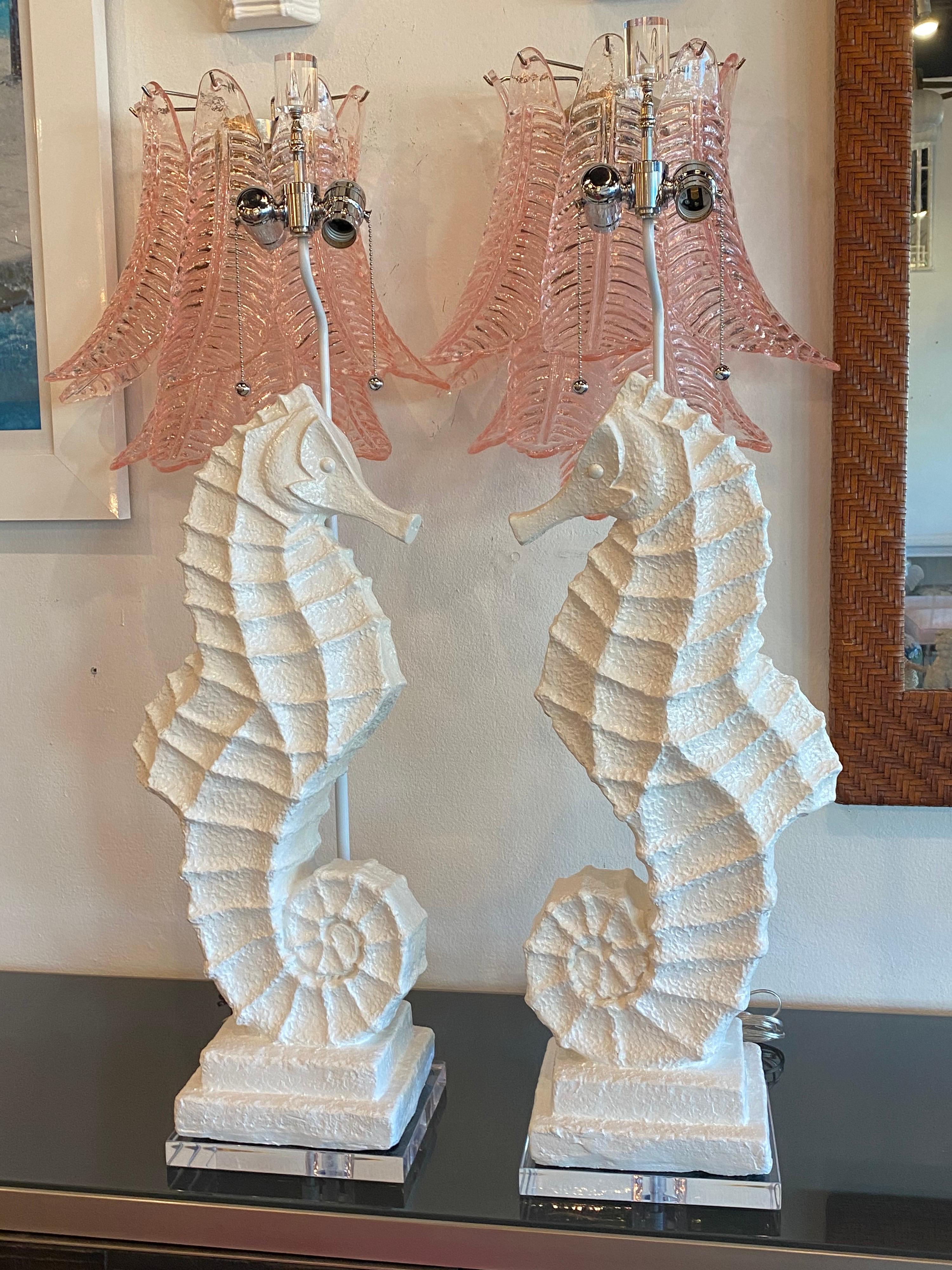 Vintage Pair of Palm Beach Plaster Seahorse Large Table Lamps Lacquered Restored 7