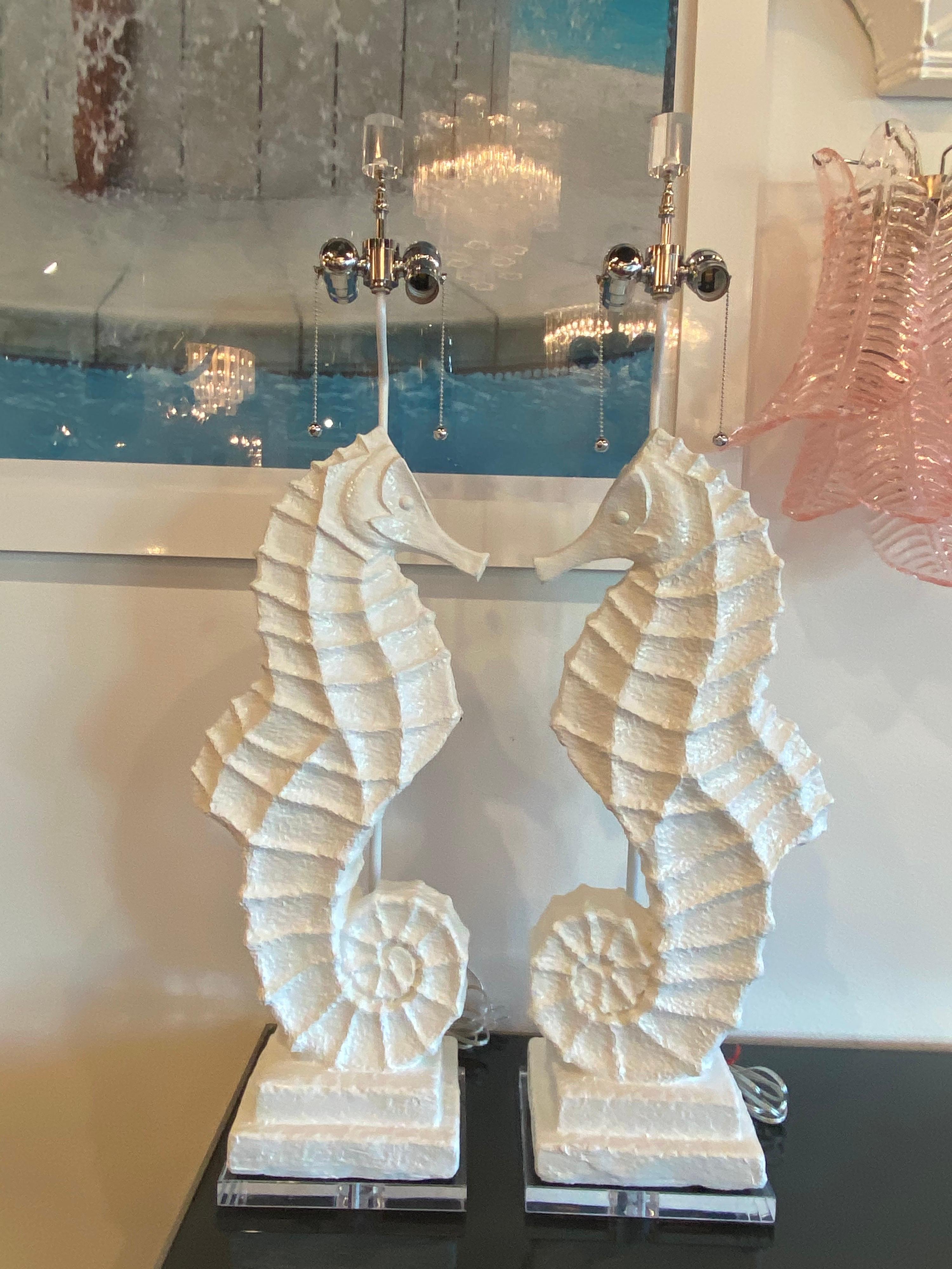 Vintage Pair of Palm Beach Plaster Seahorse Large Table Lamps Lacquered Restored 8