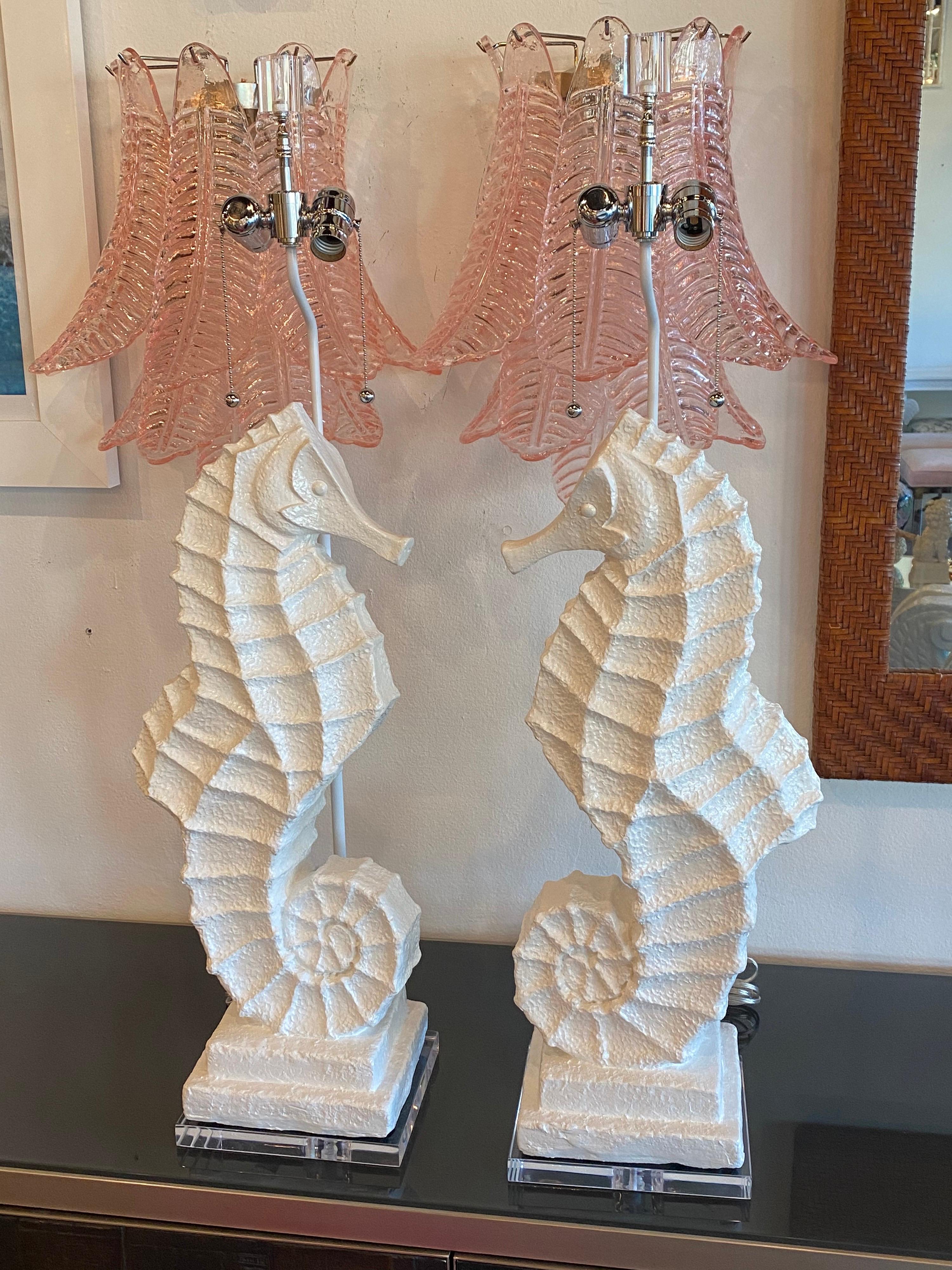 Vintage Pair of Palm Beach Plaster Seahorse Large Table Lamps Lacquered Restored 9