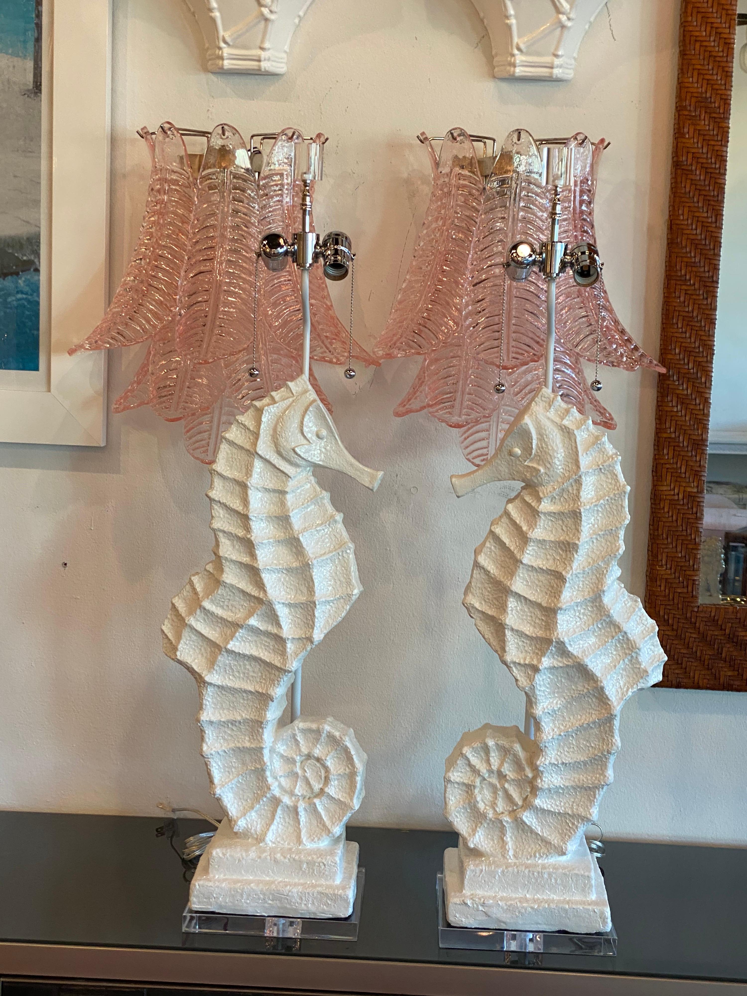 Vintage Pair of Palm Beach Plaster Seahorse Large Table Lamps Lacquered Restored 10