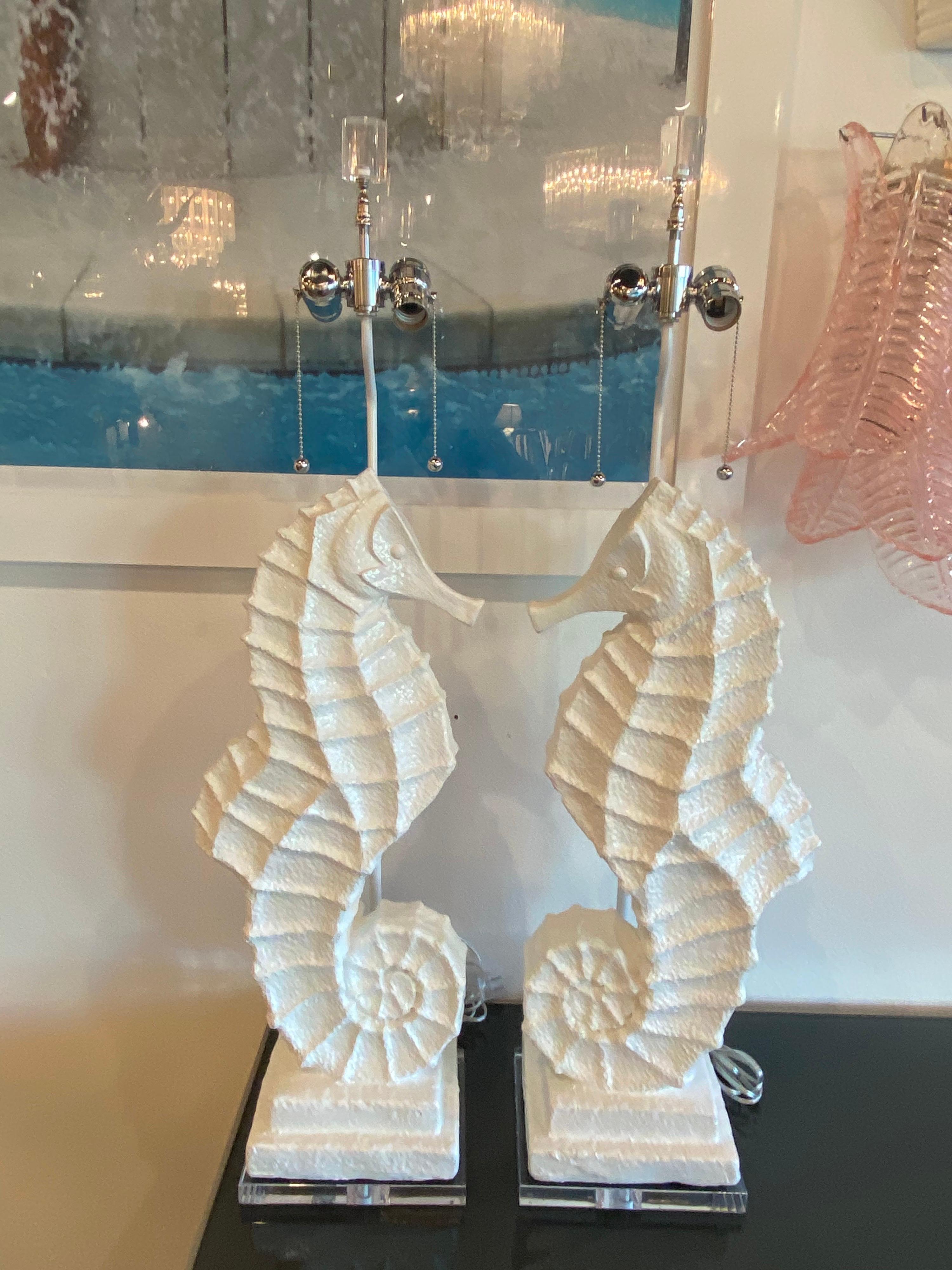Vintage Pair of Palm Beach Plaster Seahorse Large Table Lamps Lacquered Restored 11