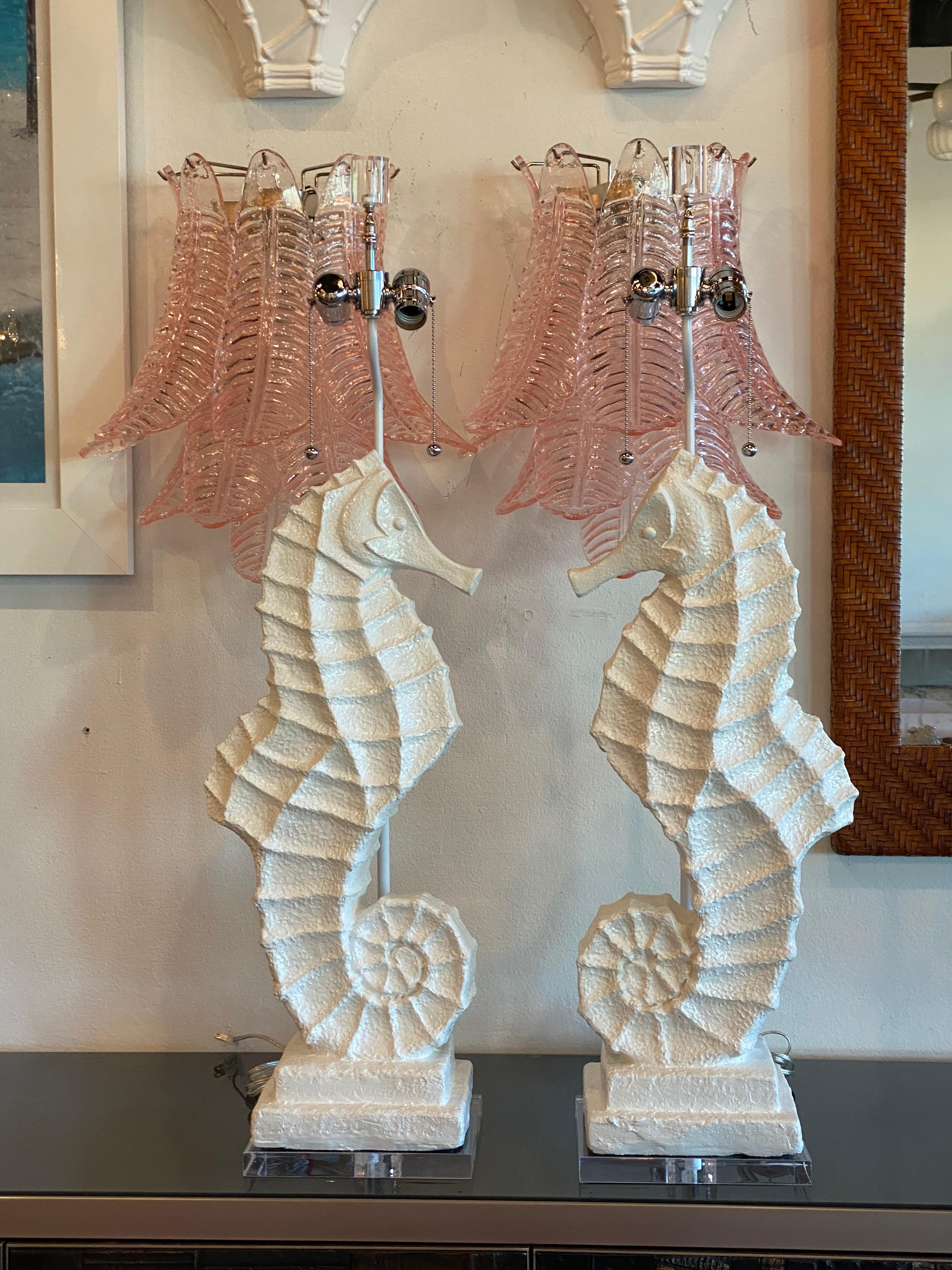 Vintage Pair of Palm Beach Plaster Seahorse Large Table Lamps Lacquered Restored 12