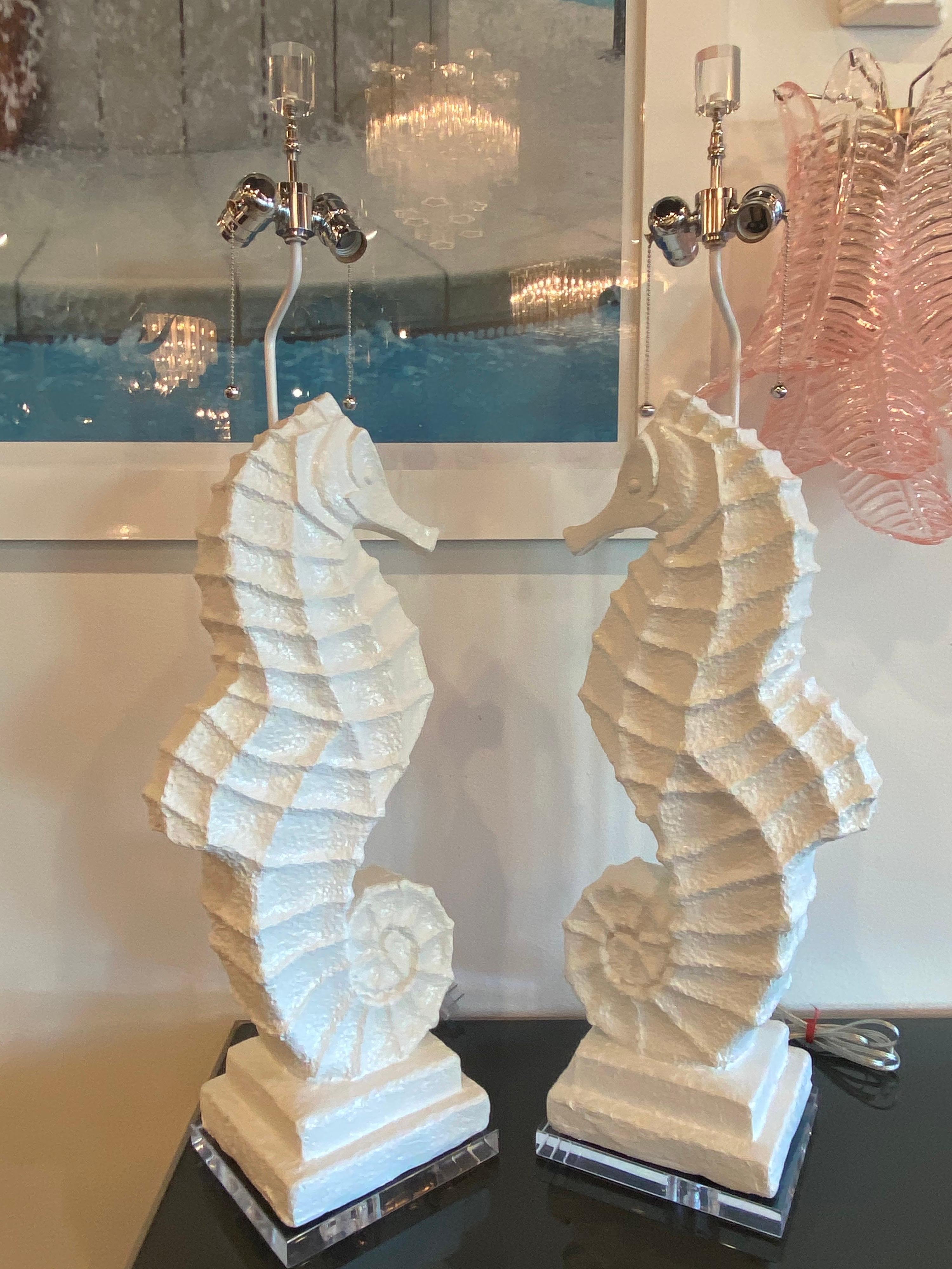 Nickel Vintage Pair of Palm Beach Plaster Seahorse Large Table Lamps Lacquered Restored