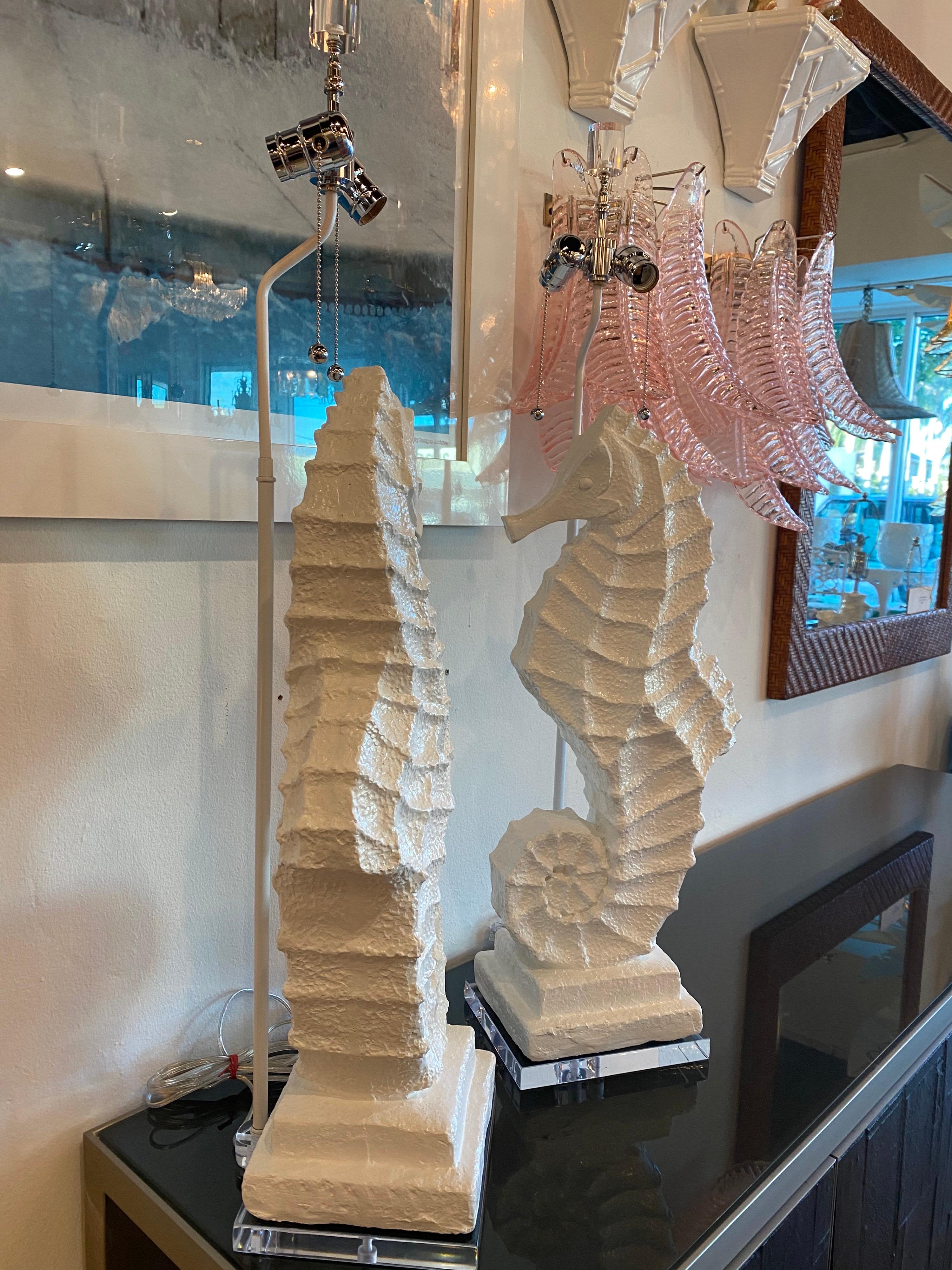Vintage Pair of Palm Beach Plaster Seahorse Large Table Lamps Lacquered Restored 1