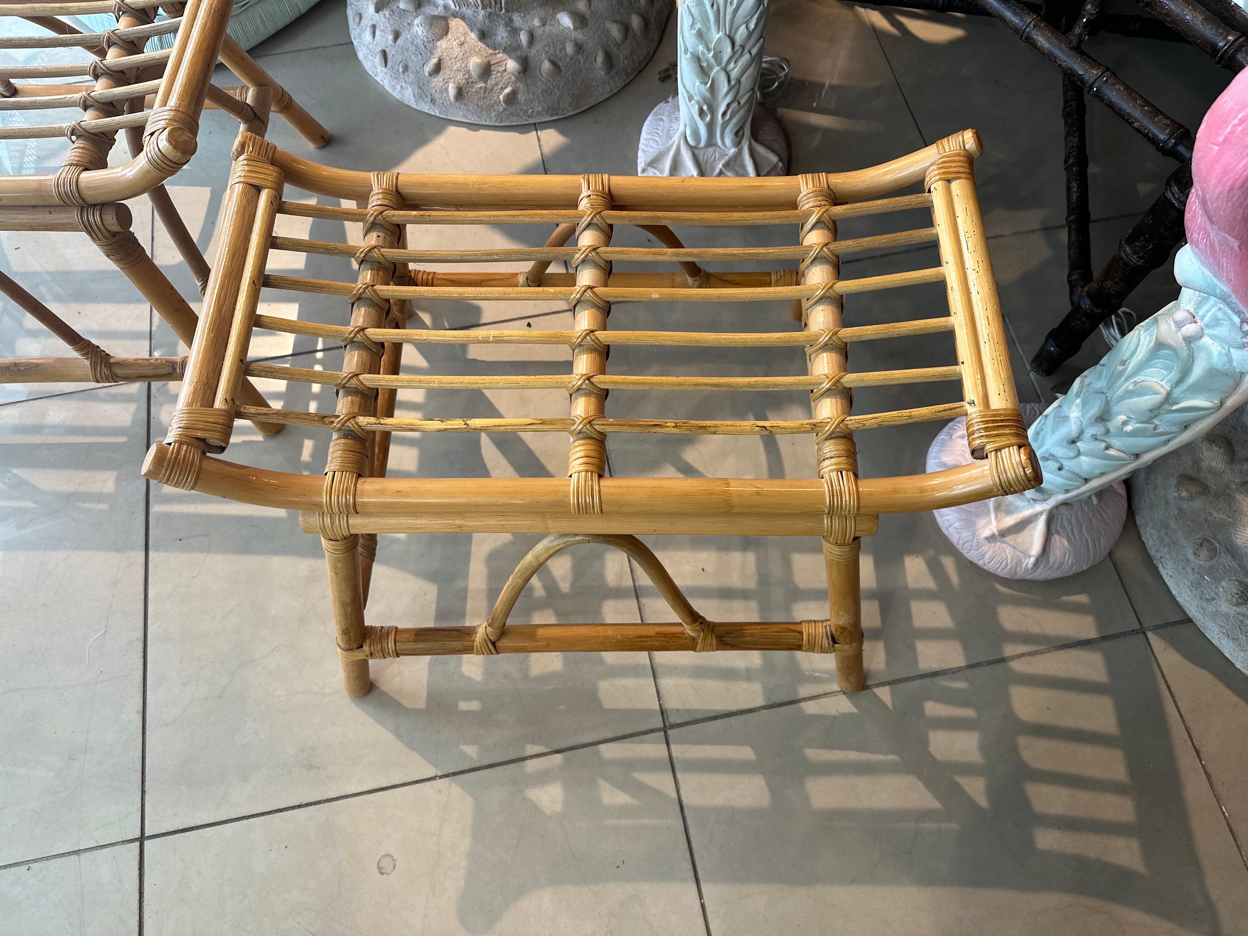 Lovely pair of vintage rattan bamboo pagoda benches stools ottomans footstools. No damage or defects. Original vintage natural finish. Ready to add your cushion. Dimensions: 14.5 H x 24 W x 18.5 D. Seat Height 13.