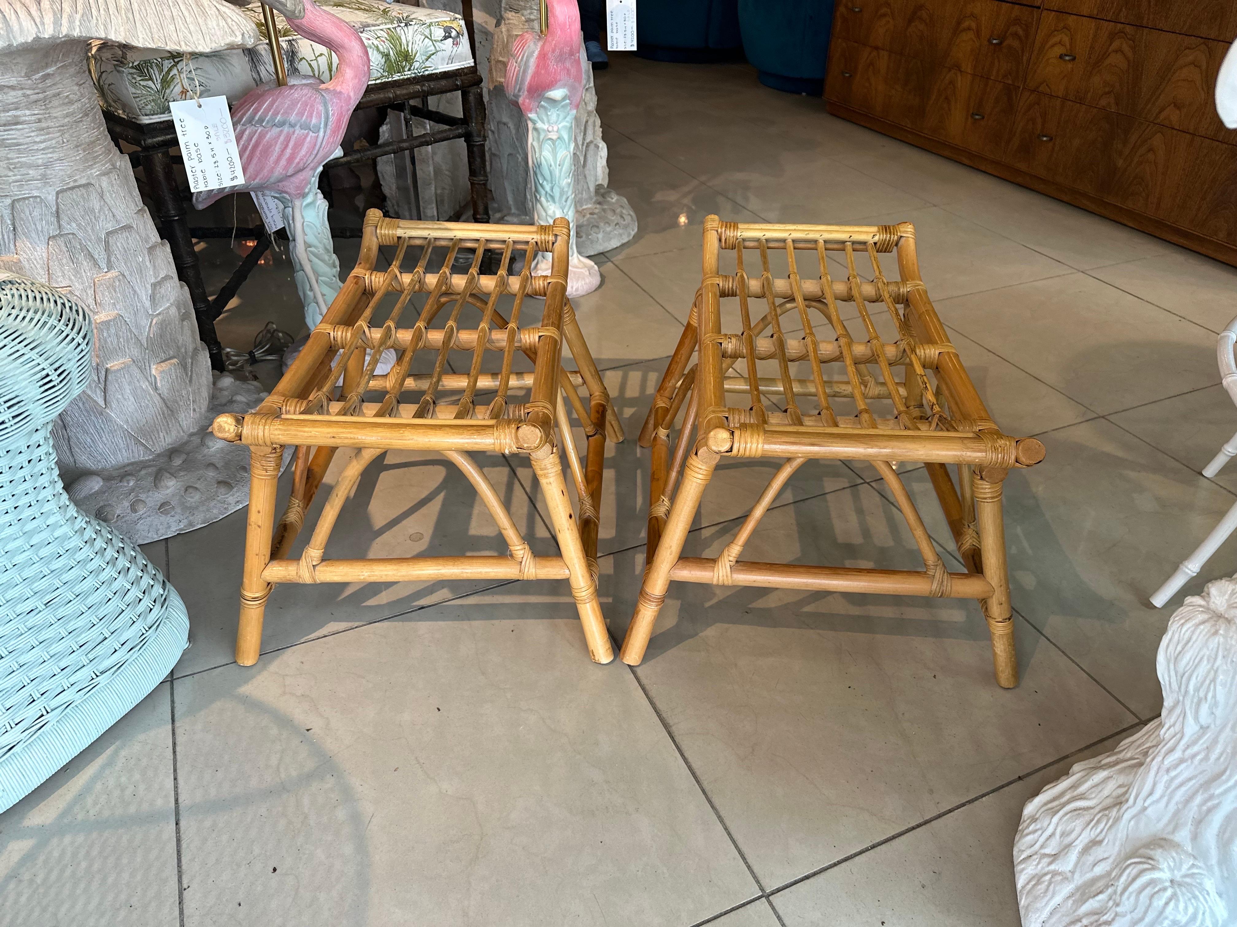 Mid-Century Modern Vintage Pair of Palm Beach Rattan Bamboo Pagoda Stools Ottomans Benches For Sale