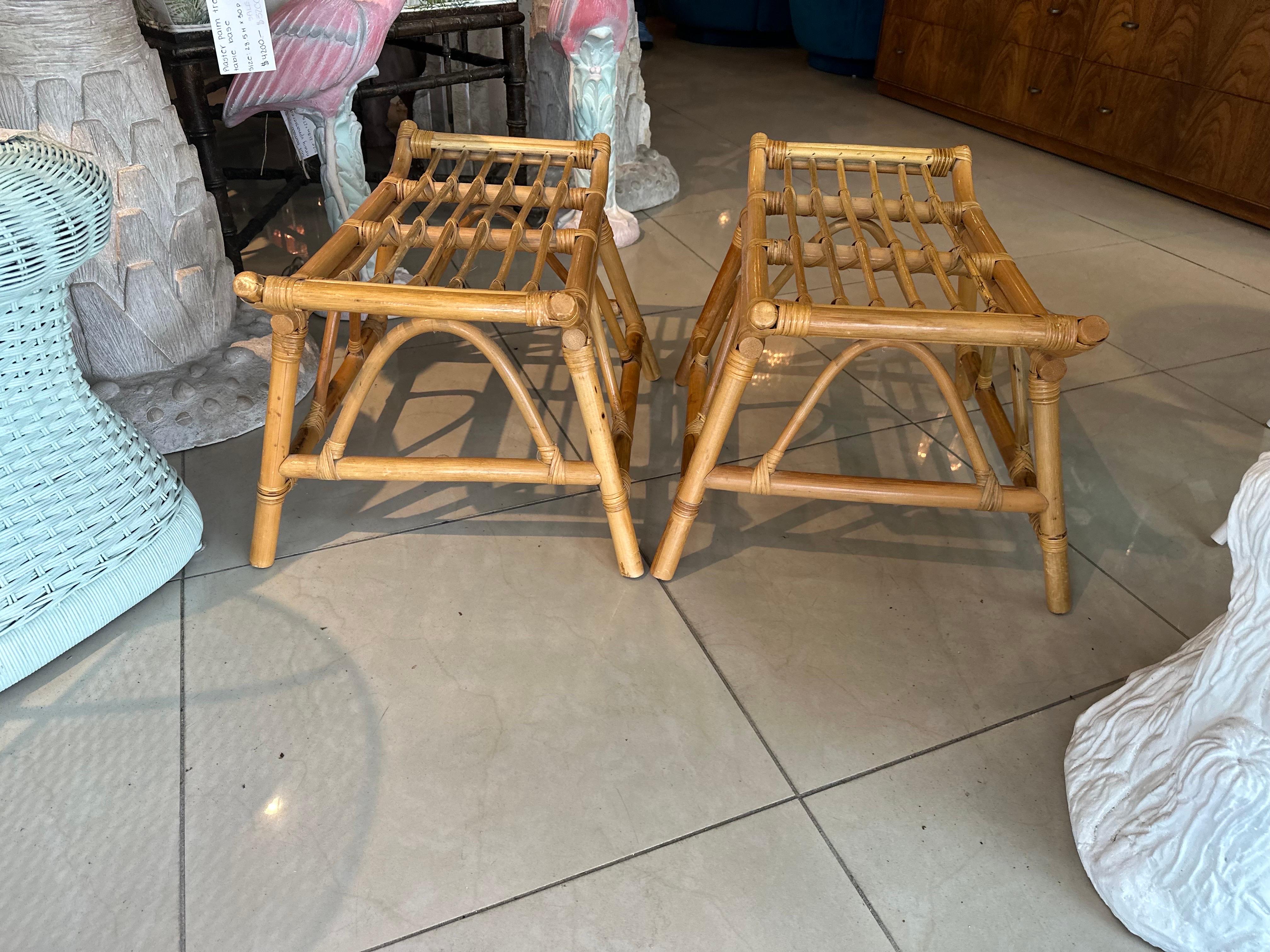 Late 20th Century Vintage Pair of Palm Beach Rattan Bamboo Pagoda Stools Ottomans Benches For Sale