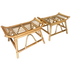 Vintage Pair of Palm Beach Rattan Bamboo Pagoda Stools Ottomans Benches
