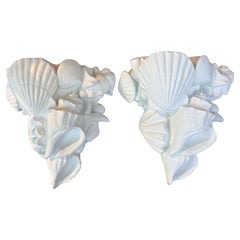 Vintage Pair of Palm Beach Shell Seashell White Wall Sconces Lacquered White