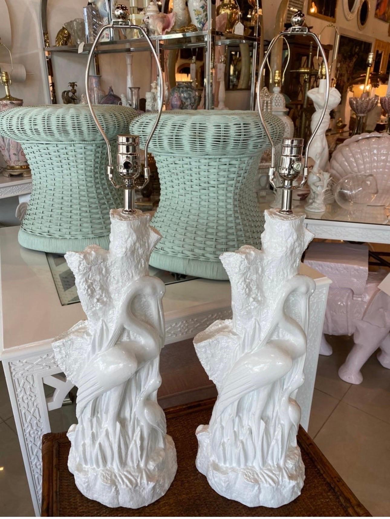 Vintage Pair of Palm Beach Tropical Plaster Bird Heron Table Lamps Newly Wired  For Sale 5