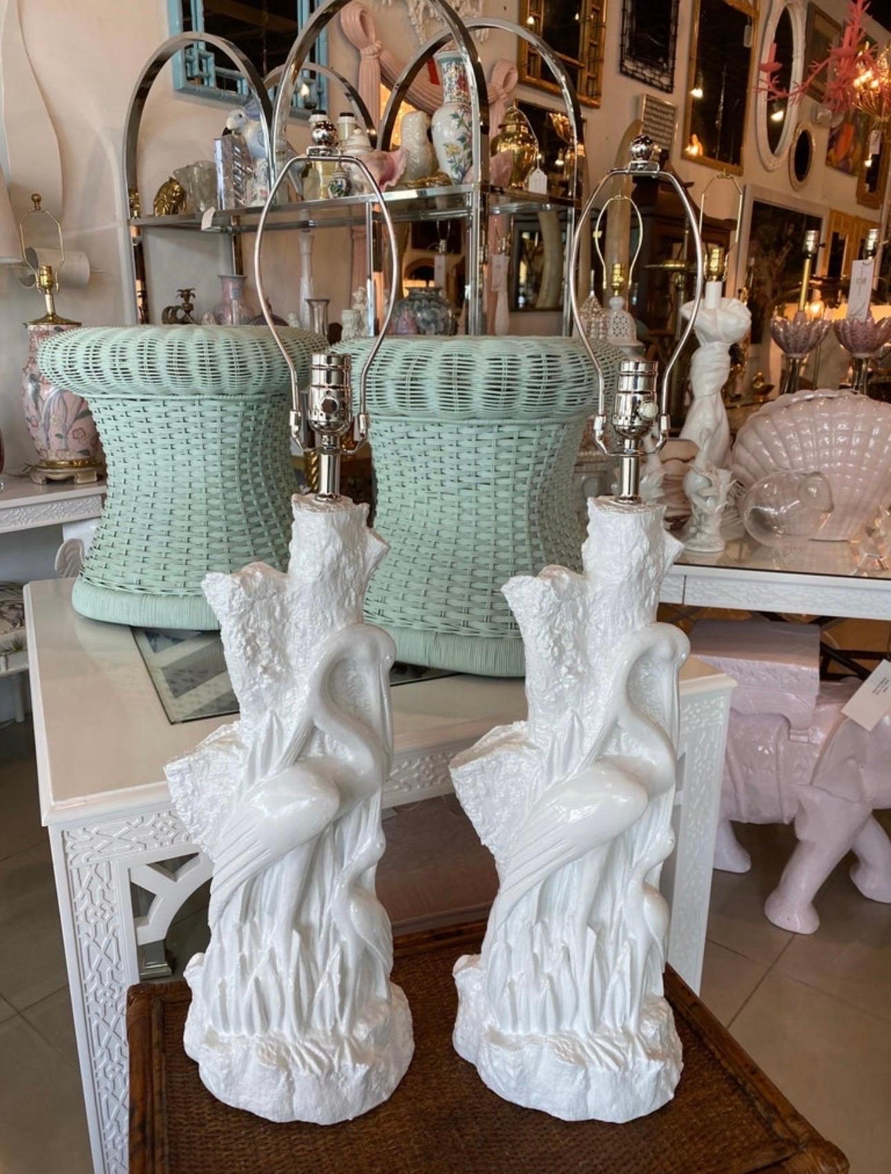 Vintage Pair of Palm Beach Tropical Plaster Bird Heron Table Lamps Newly Wired  For Sale 6