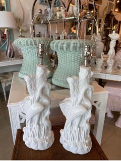 Vintage Pair of Palm Beach Tropical Plaster Bird Heron Table Lamps Newly Wired