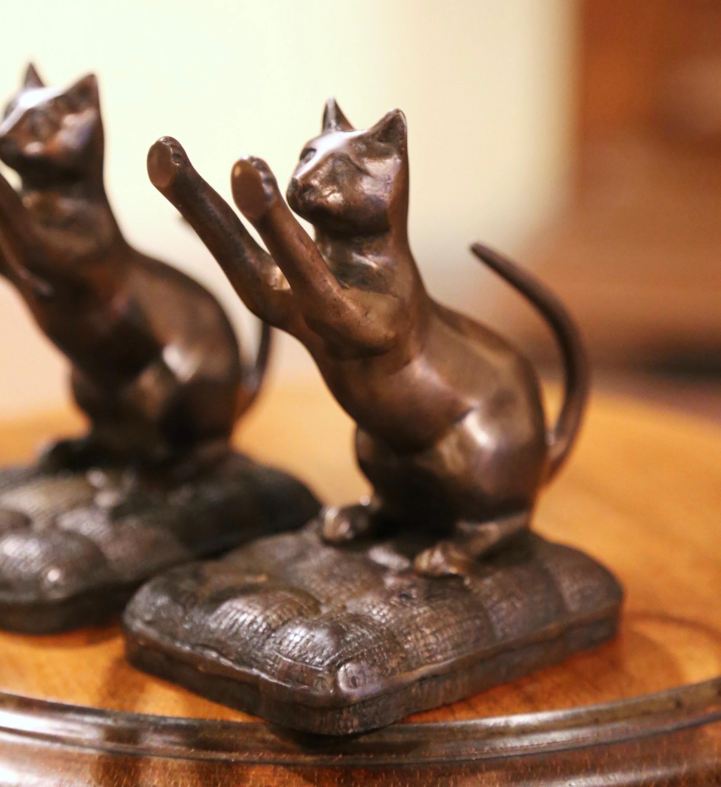 Cast Vintage Pair of Patinated Bronze Cat Bookends 