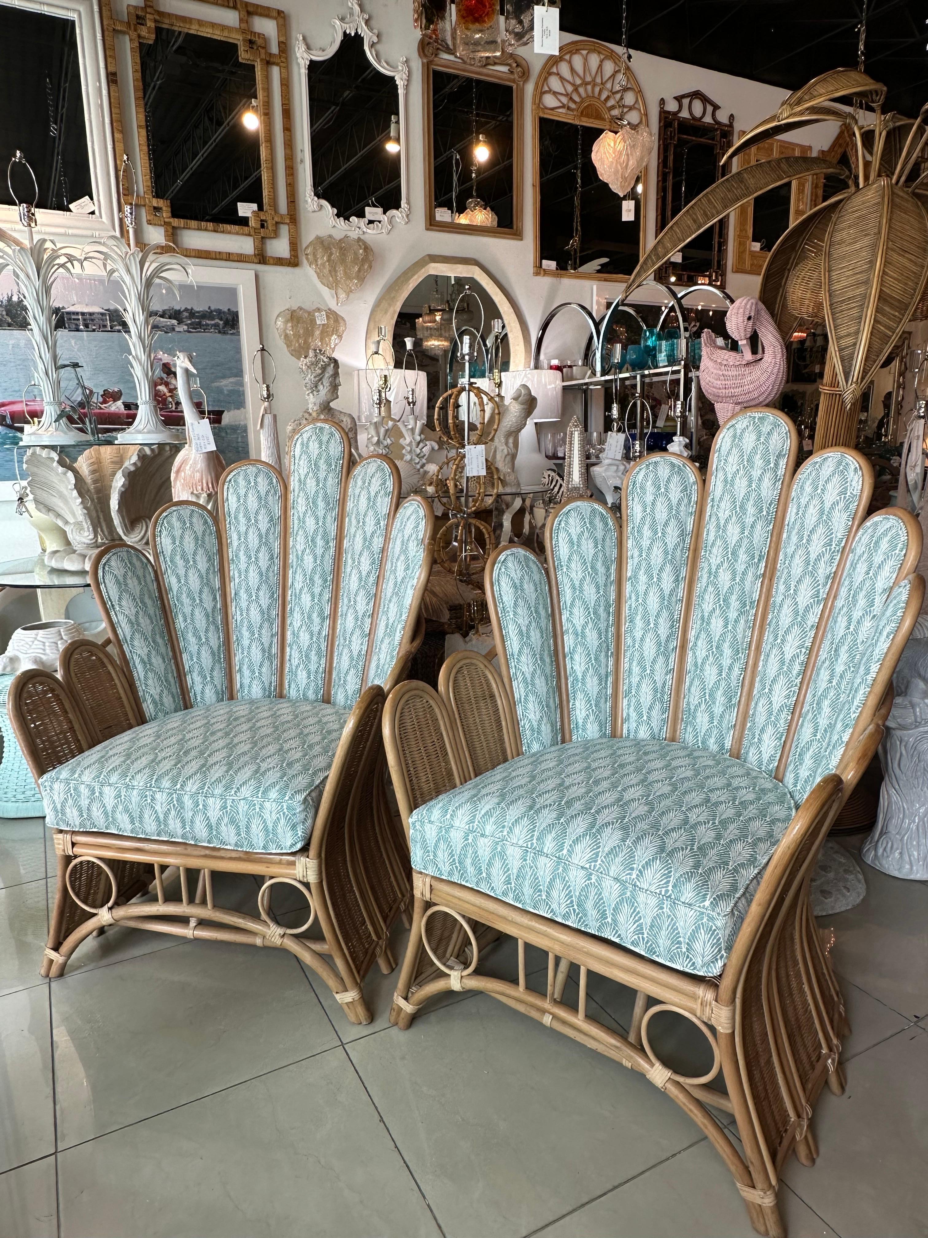 Vintage Pair of Peacock Fan Back Rattan Wicker Newly Upholstered Chairs 5