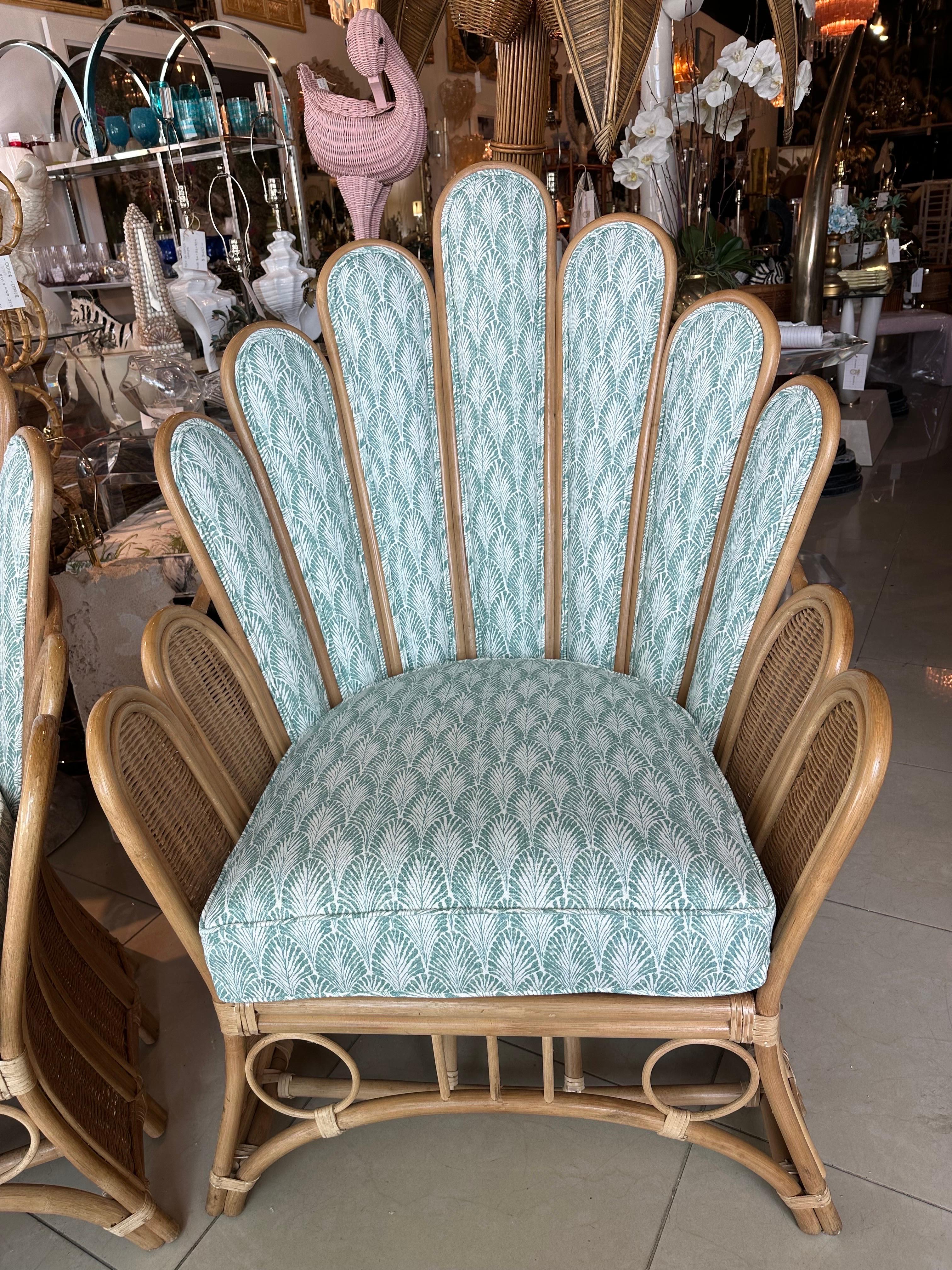 Vintage Pair of Peacock Fan Back Rattan Wicker Newly Upholstered Chairs 6