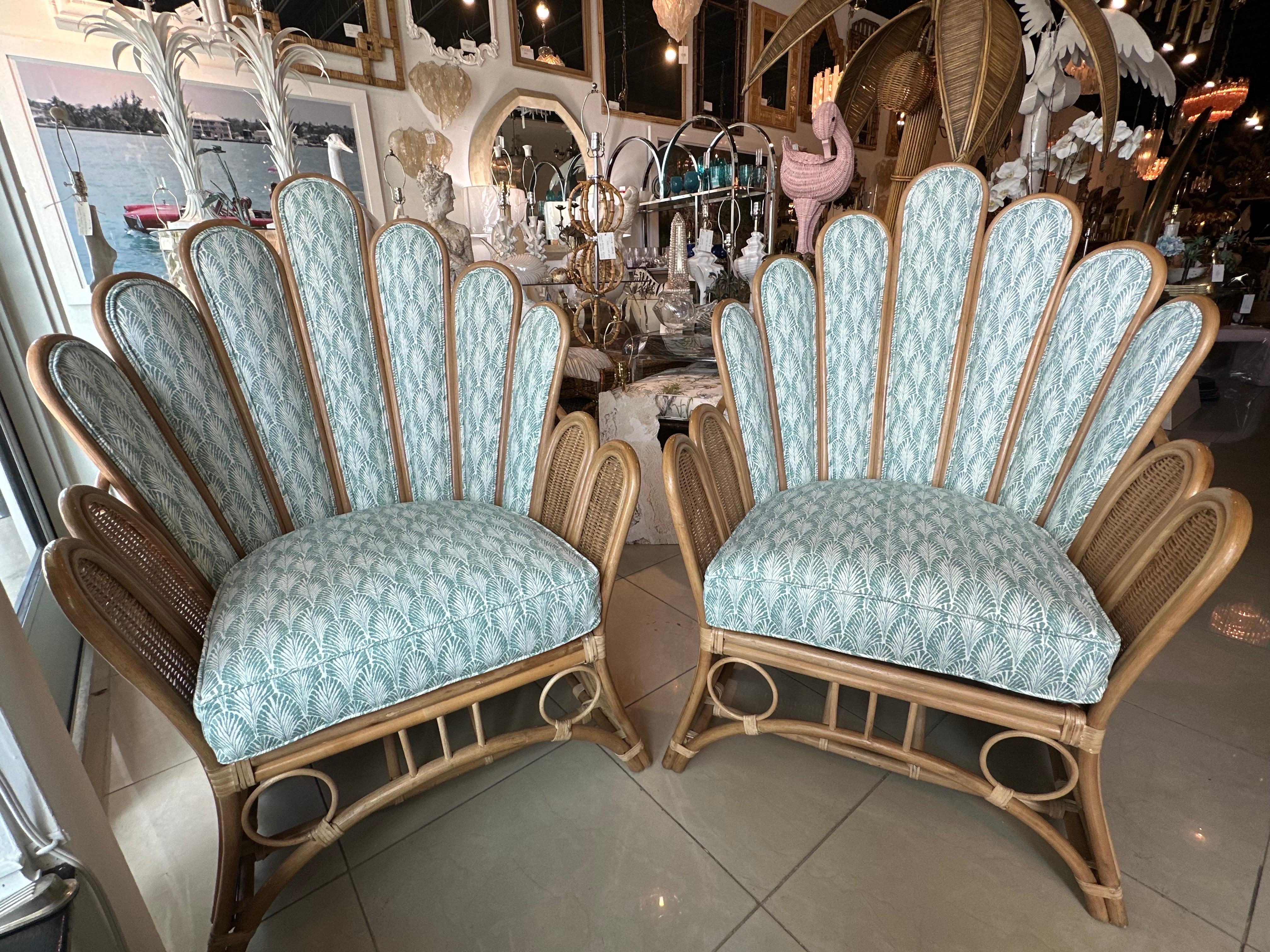 Hollywood Regency Vintage Pair of Peacock Fan Back Rattan Wicker Newly Upholstered Chairs