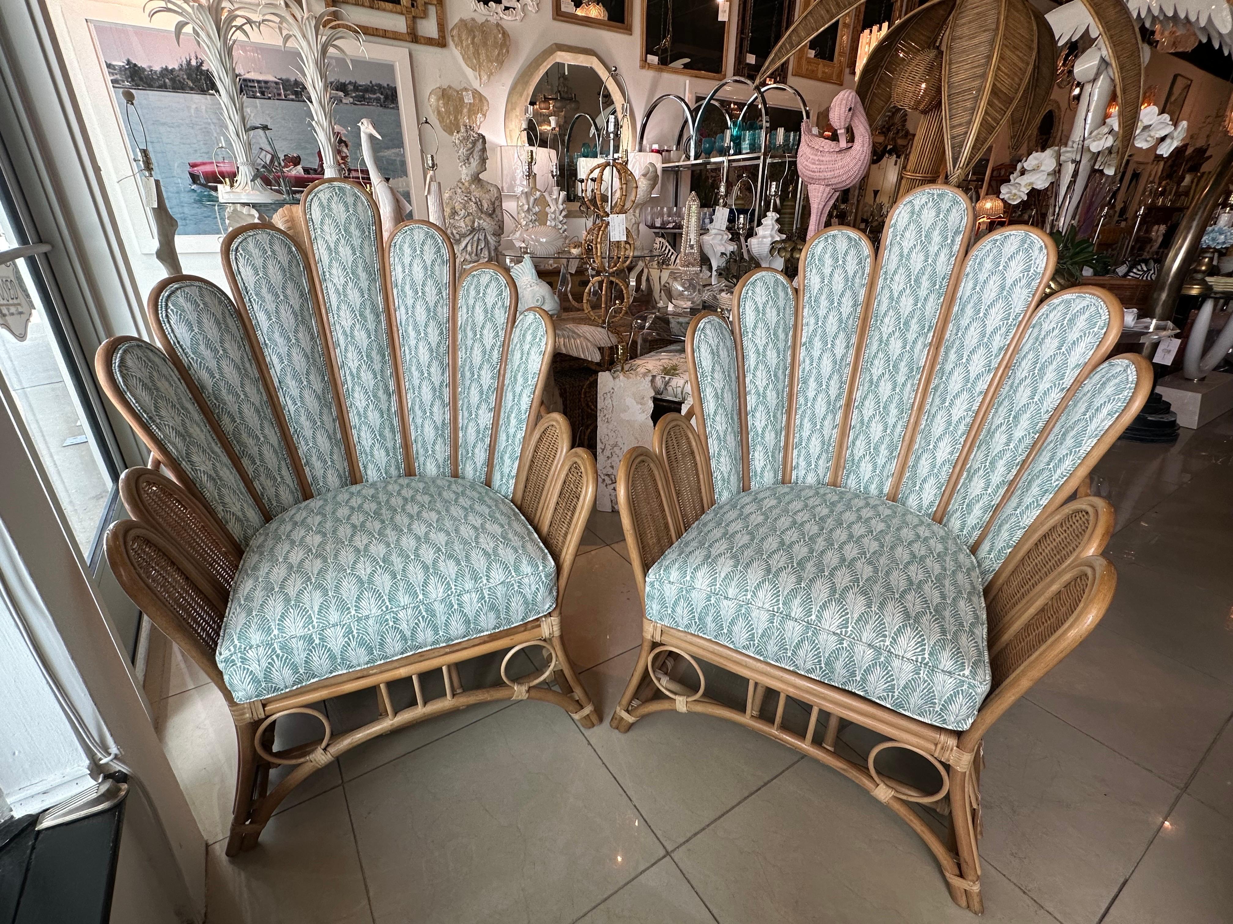 Late 20th Century Vintage Pair of Peacock Fan Back Rattan Wicker Newly Upholstered Chairs