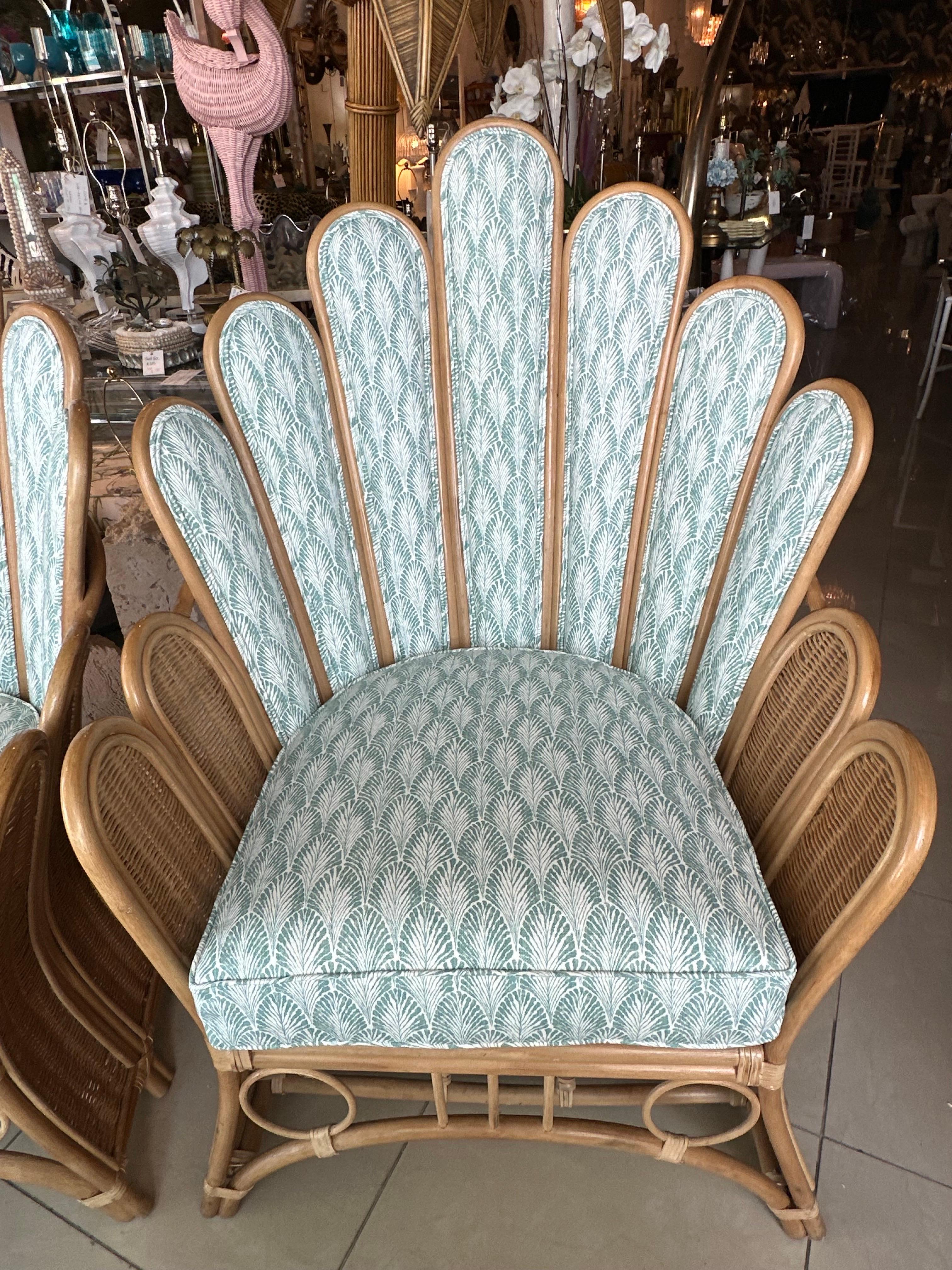 Upholstery Vintage Pair of Peacock Fan Back Rattan Wicker Newly Upholstered Chairs