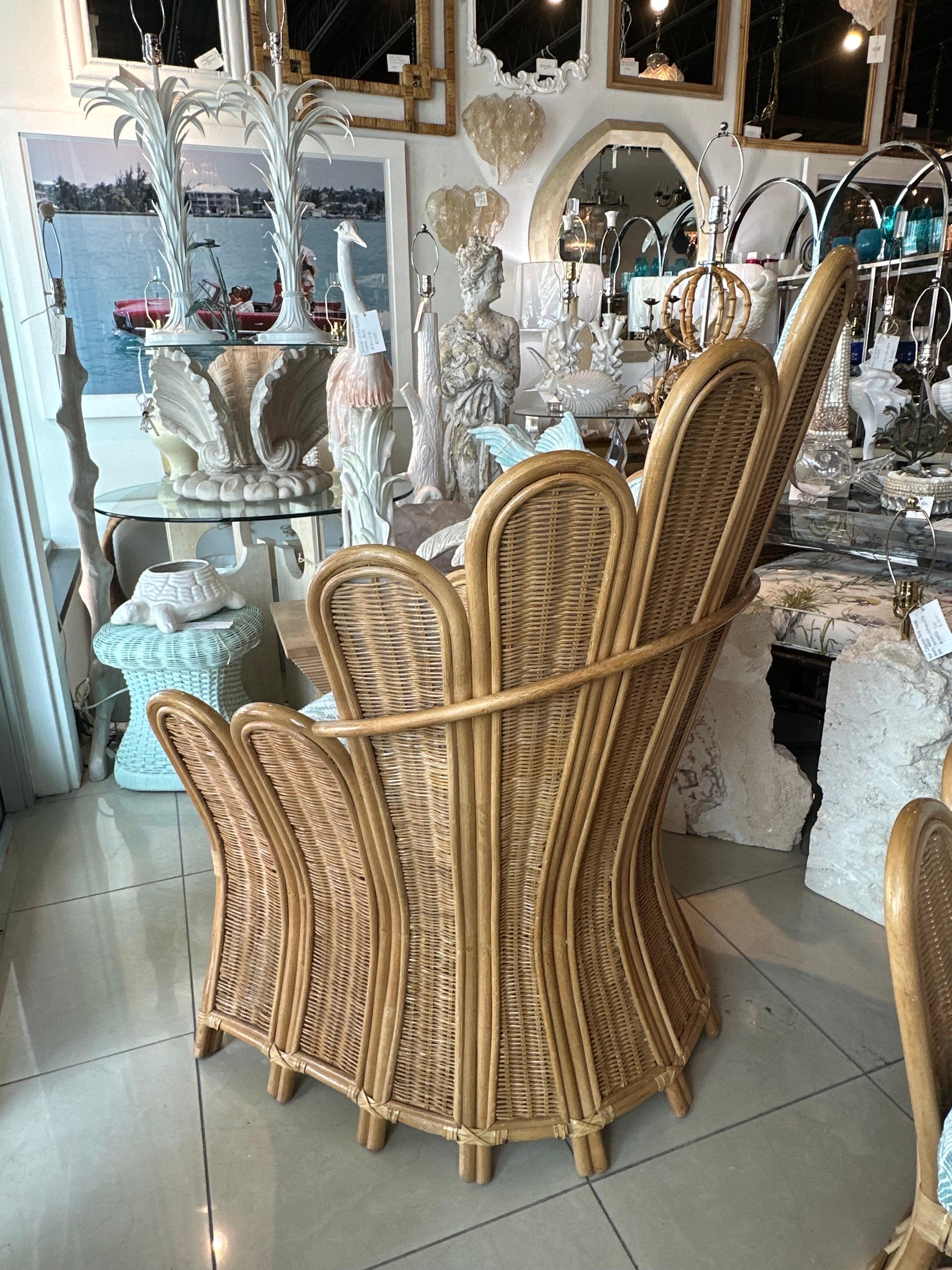 Vintage Pair of Peacock Fan Back Rattan Wicker Newly Upholstered Chairs 1