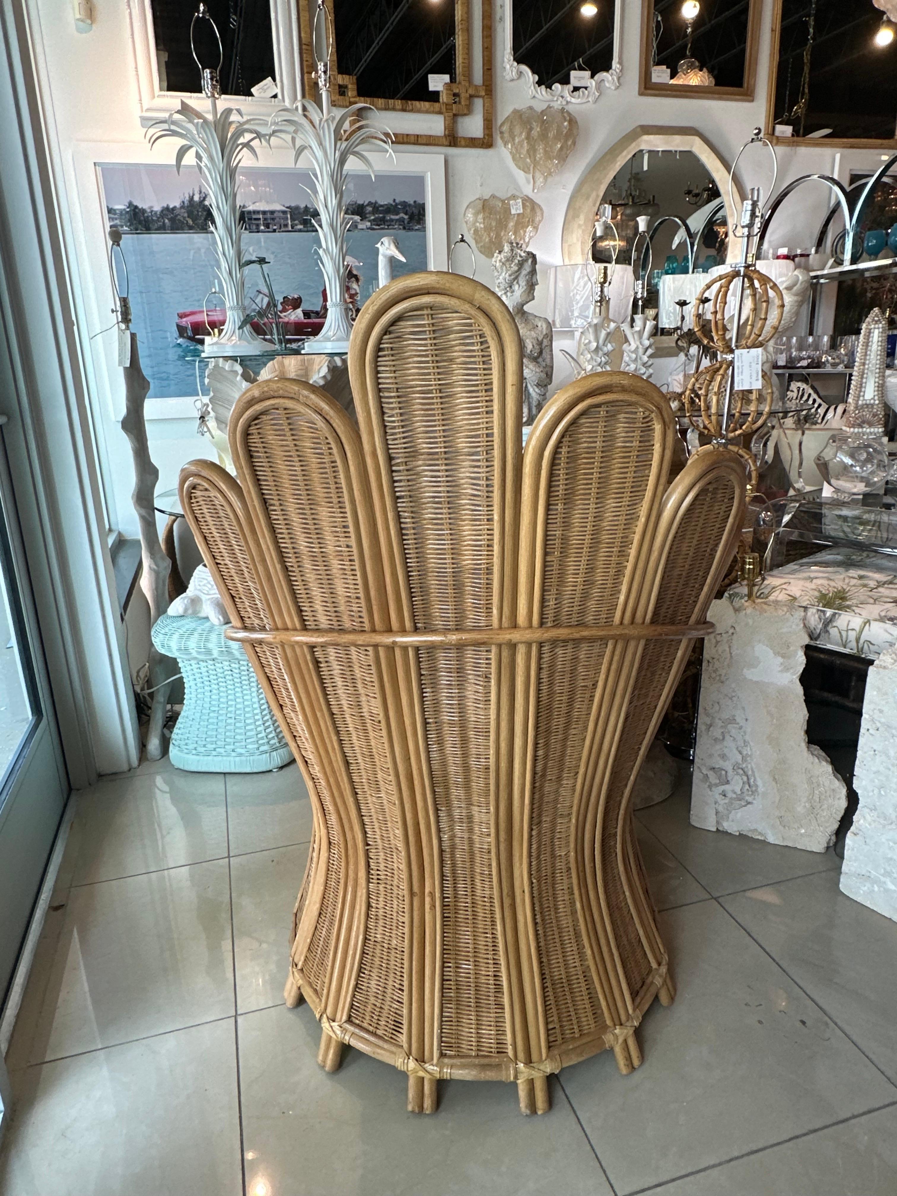 Vintage Pair of Peacock Fan Back Rattan Wicker Newly Upholstered Chairs 2