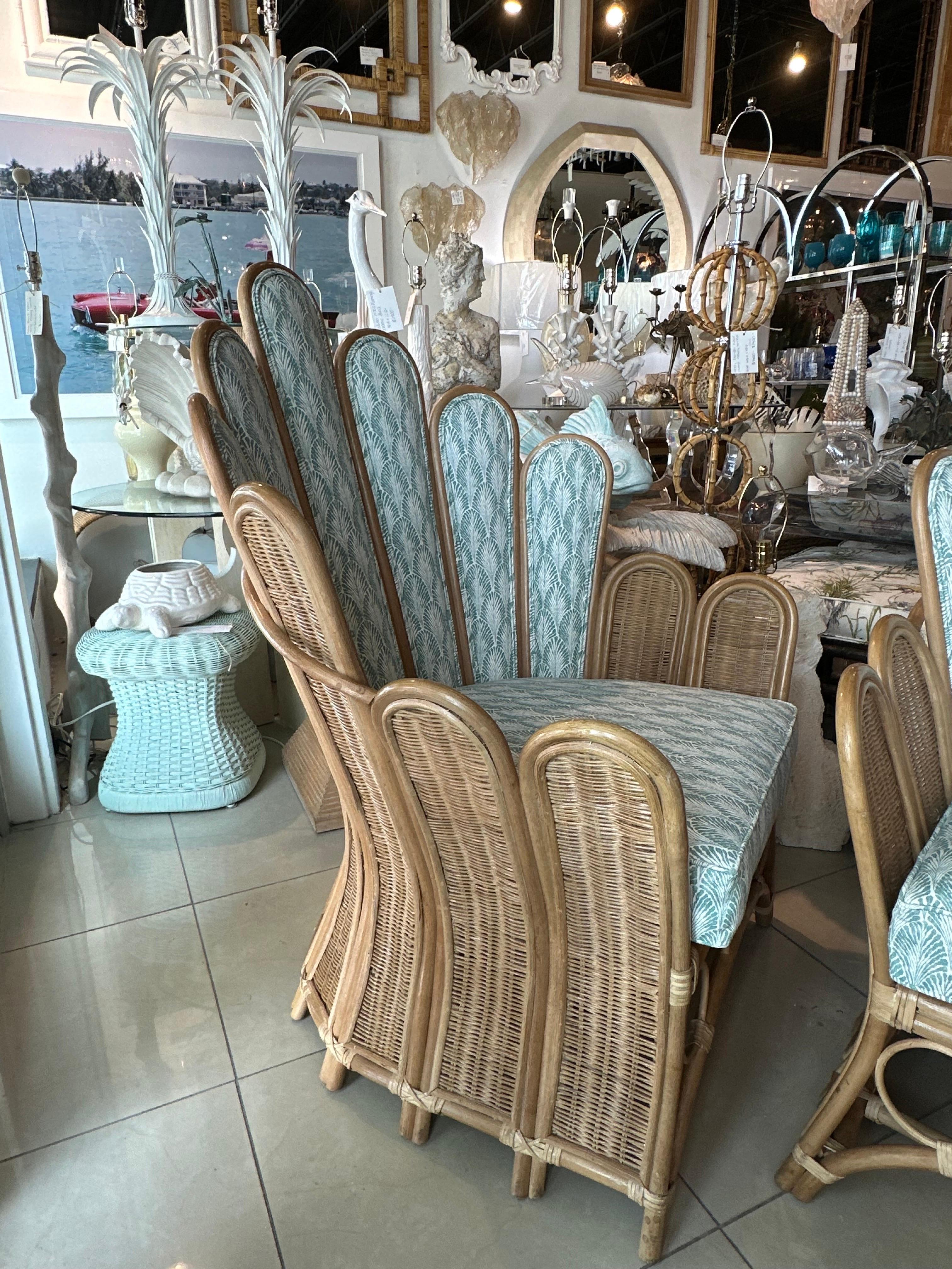 Vintage Pair of Peacock Fan Back Rattan Wicker Newly Upholstered Chairs 3