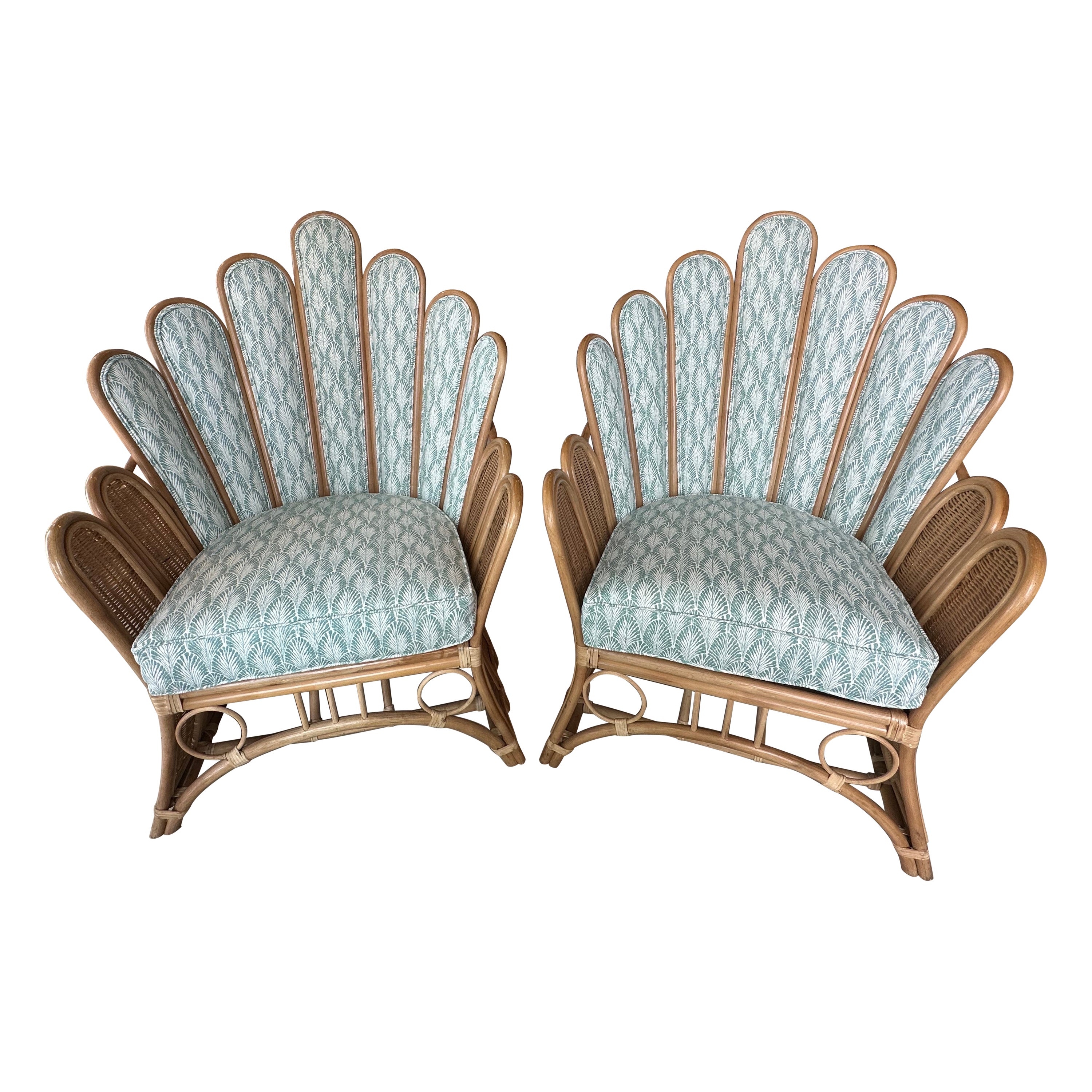 Vintage Pair of Peacock Fan Back Rattan Wicker Newly Upholstered Chairs