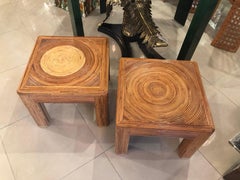Vintage Pair of Pencil Reed Bamboo Rattan Benches Stools or Coffee Tables