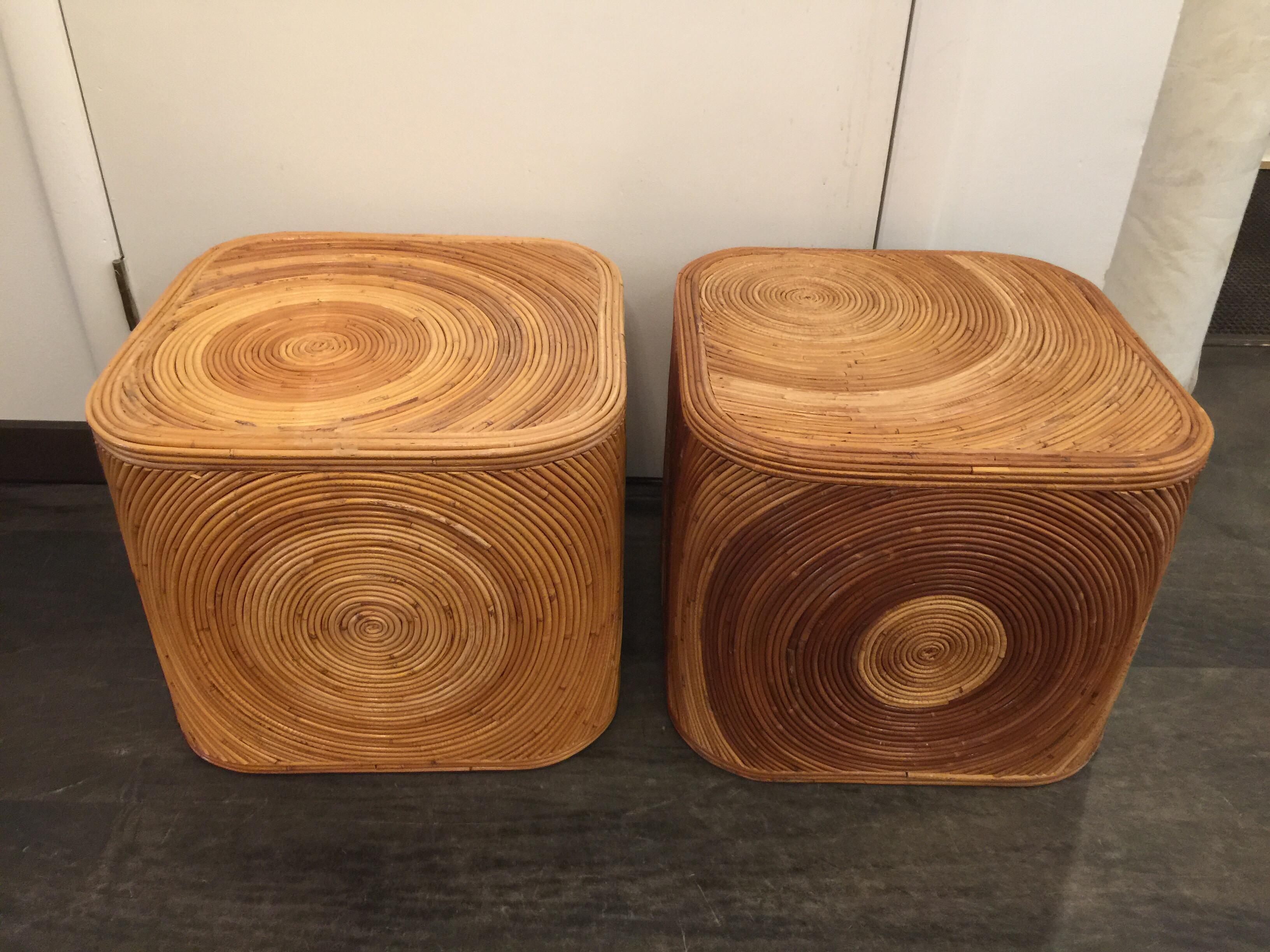 North American Vintage Pair of Pencil Reed Swirled Bamboo Cube Sidetables