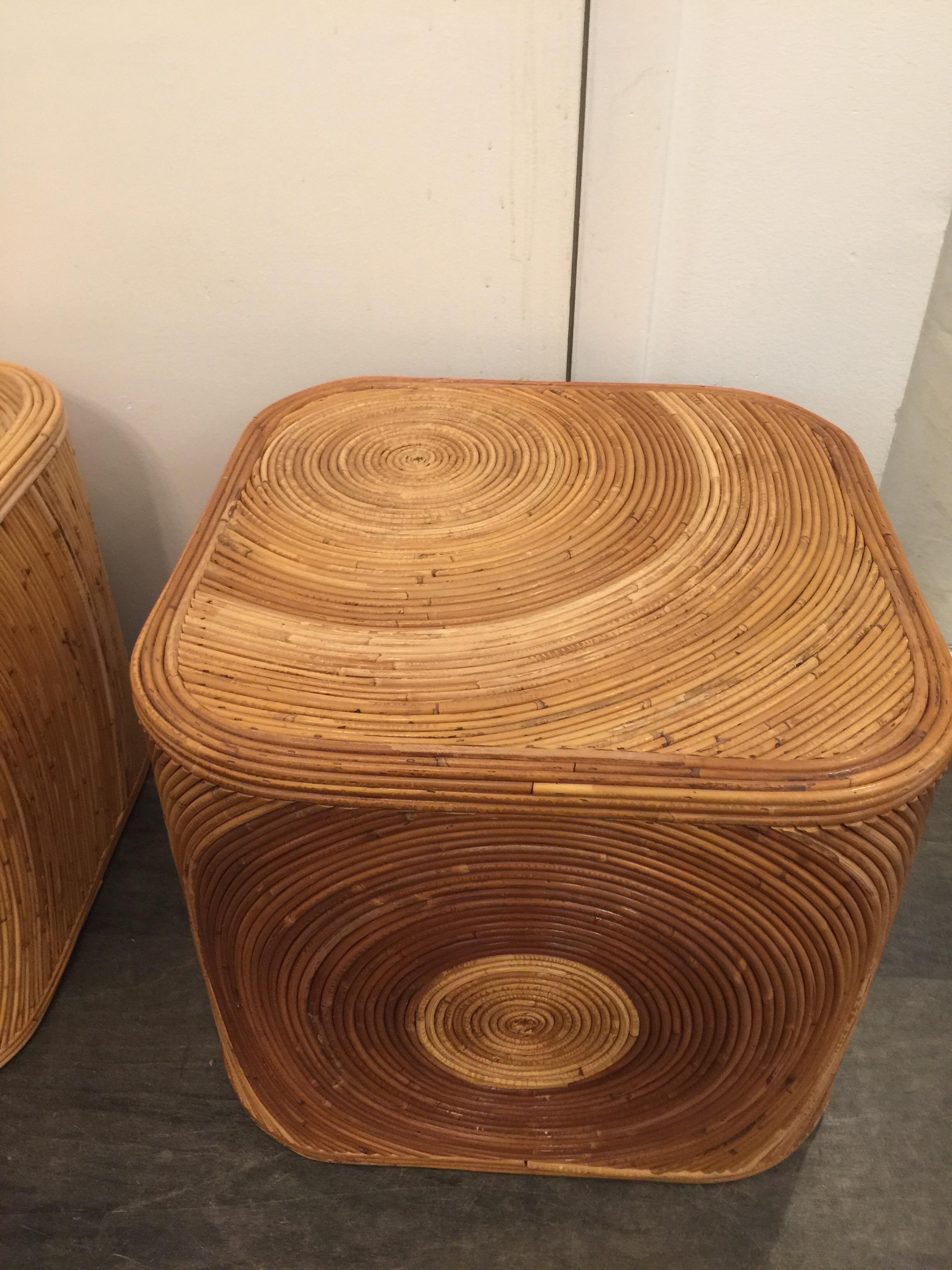 Vintage Pair of Pencil Reed Swirled Bamboo Cube Sidetables In Good Condition In East Hampton, NY
