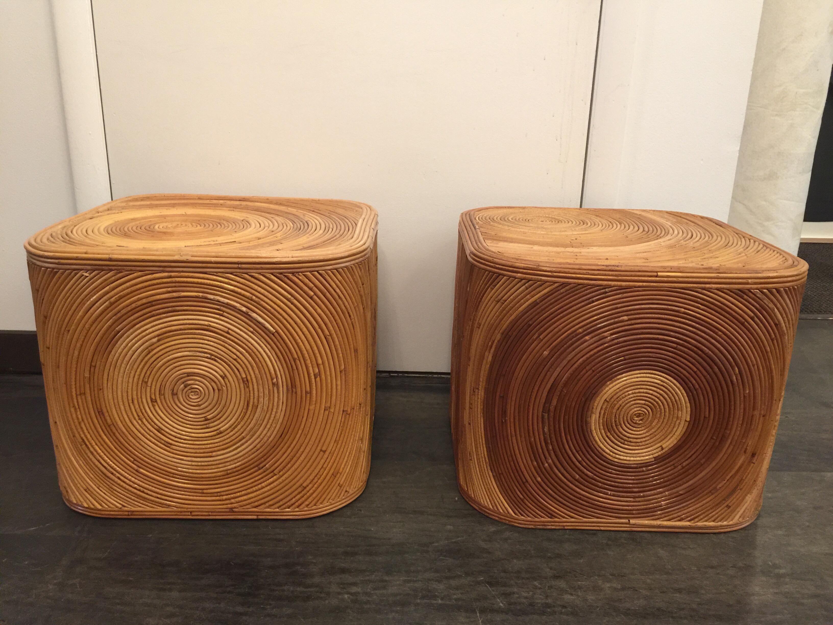 Vintage Pair of Pencil Reed Swirled Bamboo Cube Sidetables 3
