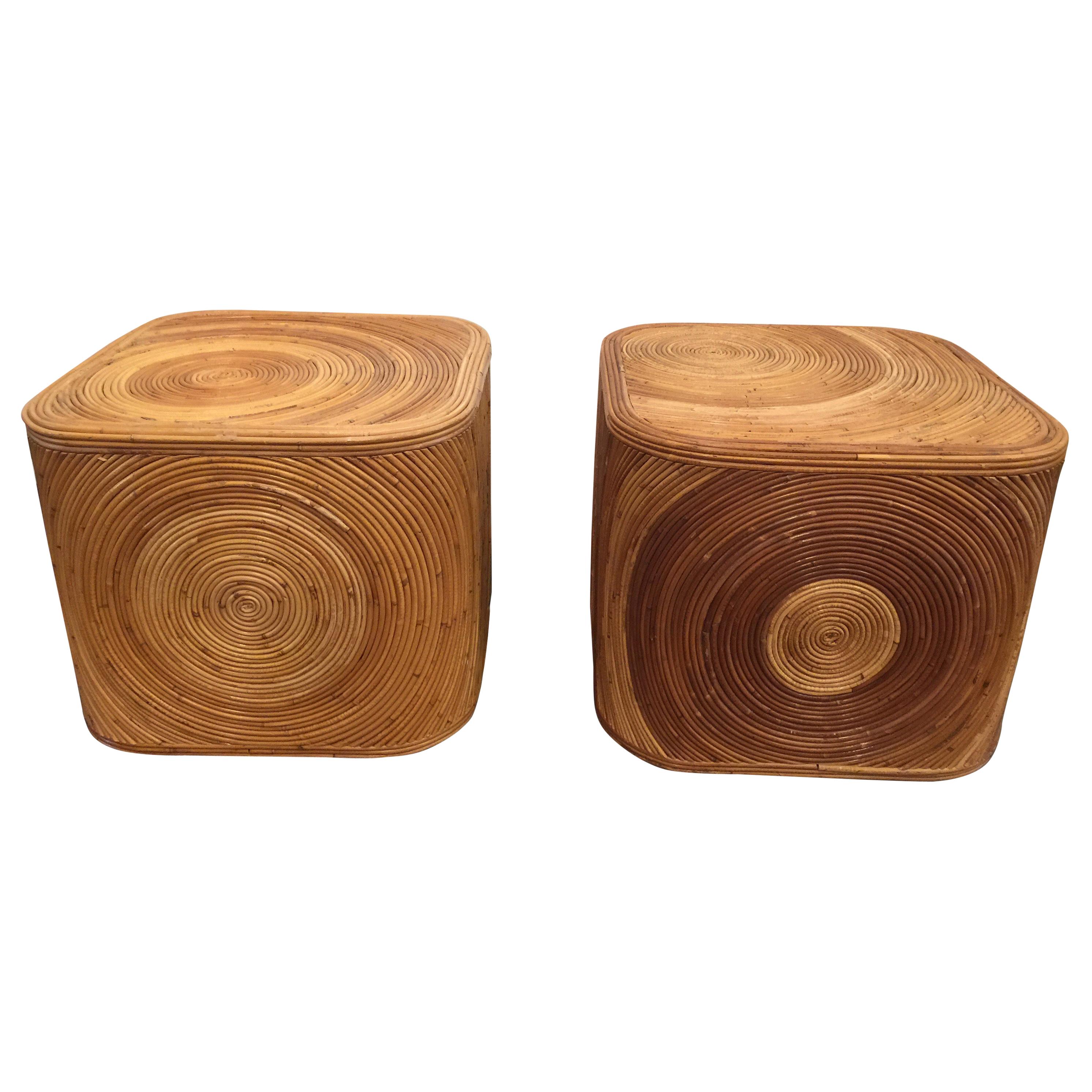 Vintage Pair of Pencil Reed Swirled Bamboo Cube Sidetables