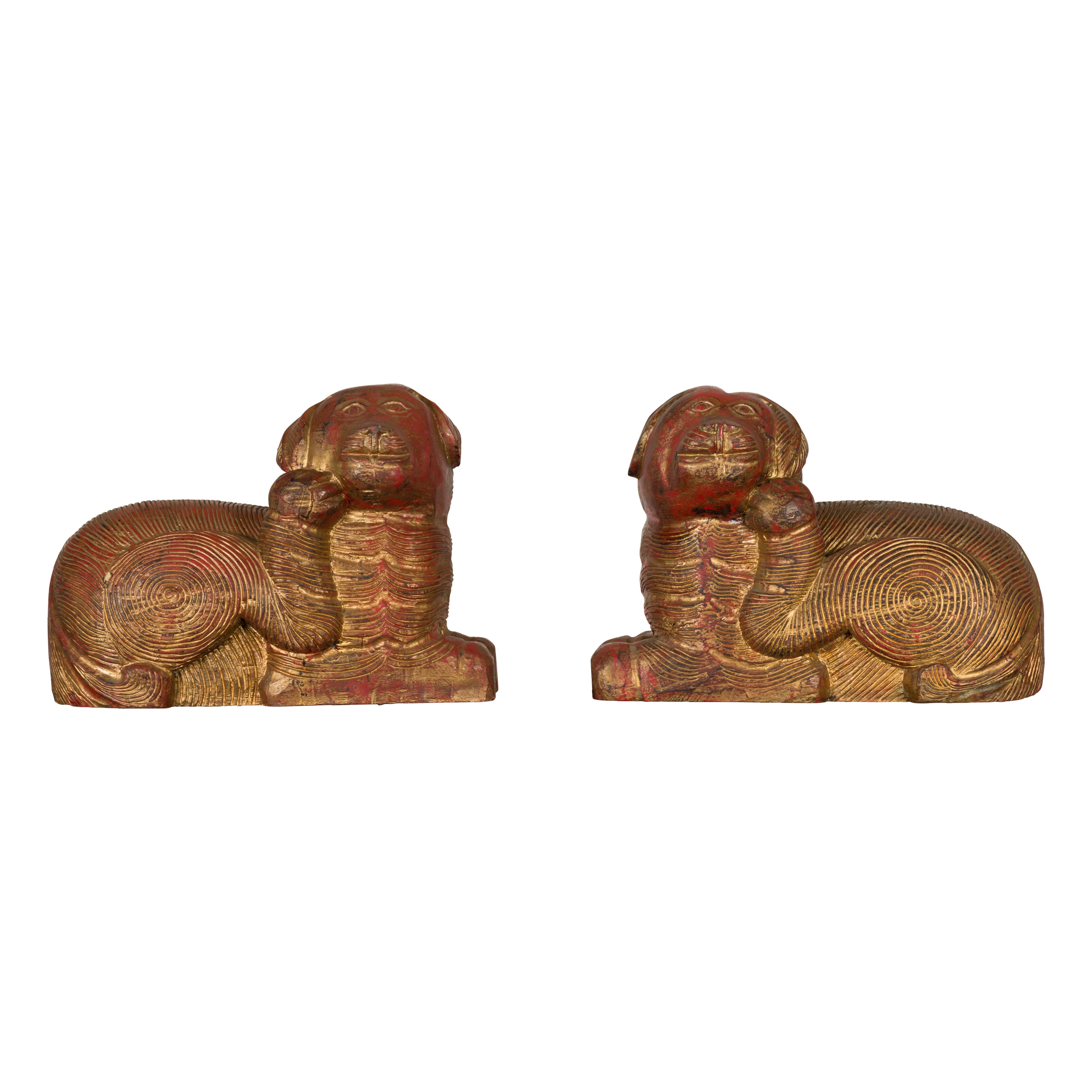 Vintage Pair of Pendant Thai Gilt Wood Mythological Creatures with Red Undertone For Sale