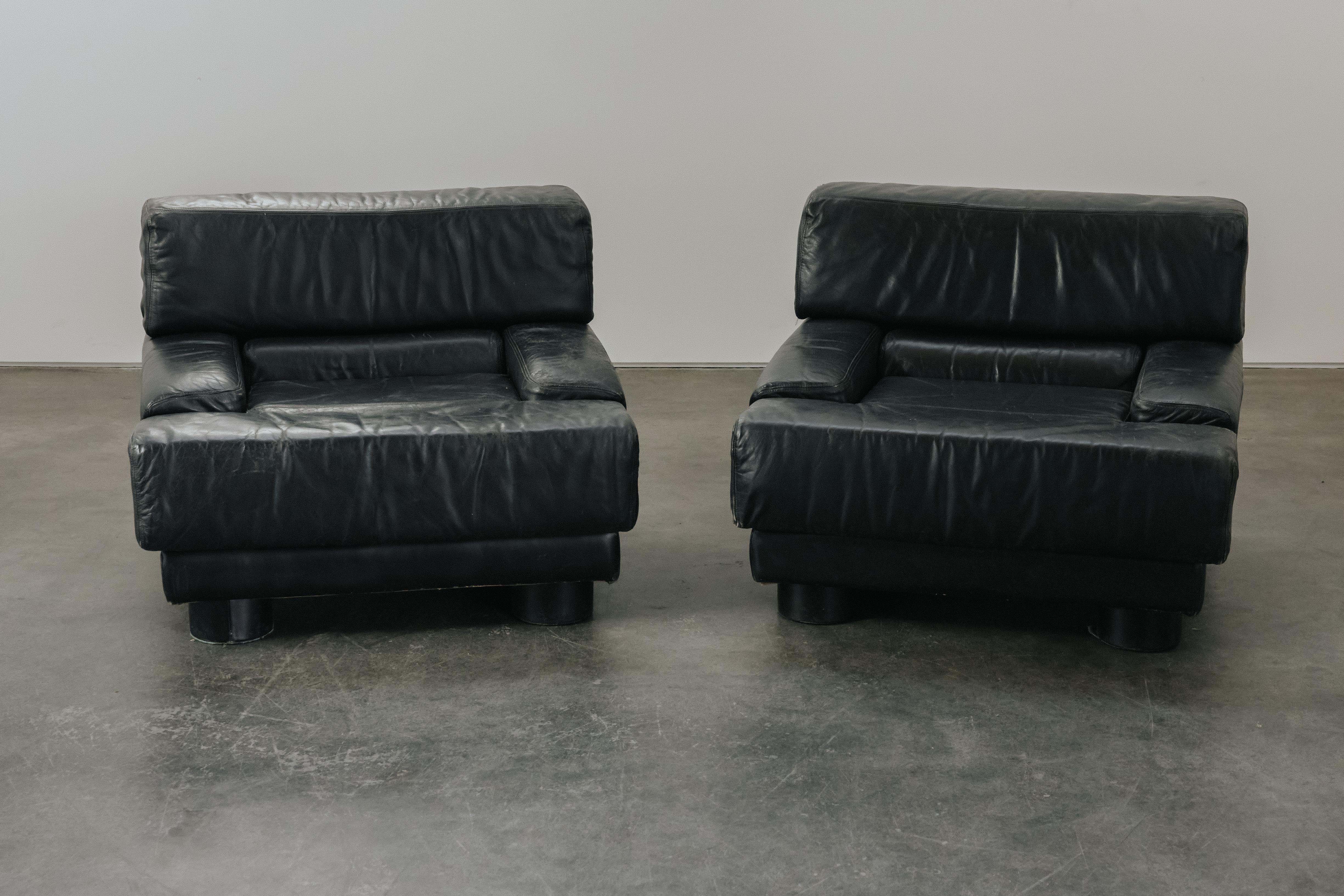 Vintage Pair Of Percival Lafer Leather Lounge Chairs From Germany, Circa 1970.  Original black leather upholstery with nice patina and use.  Head rests adjust up and down based on comfort preference.