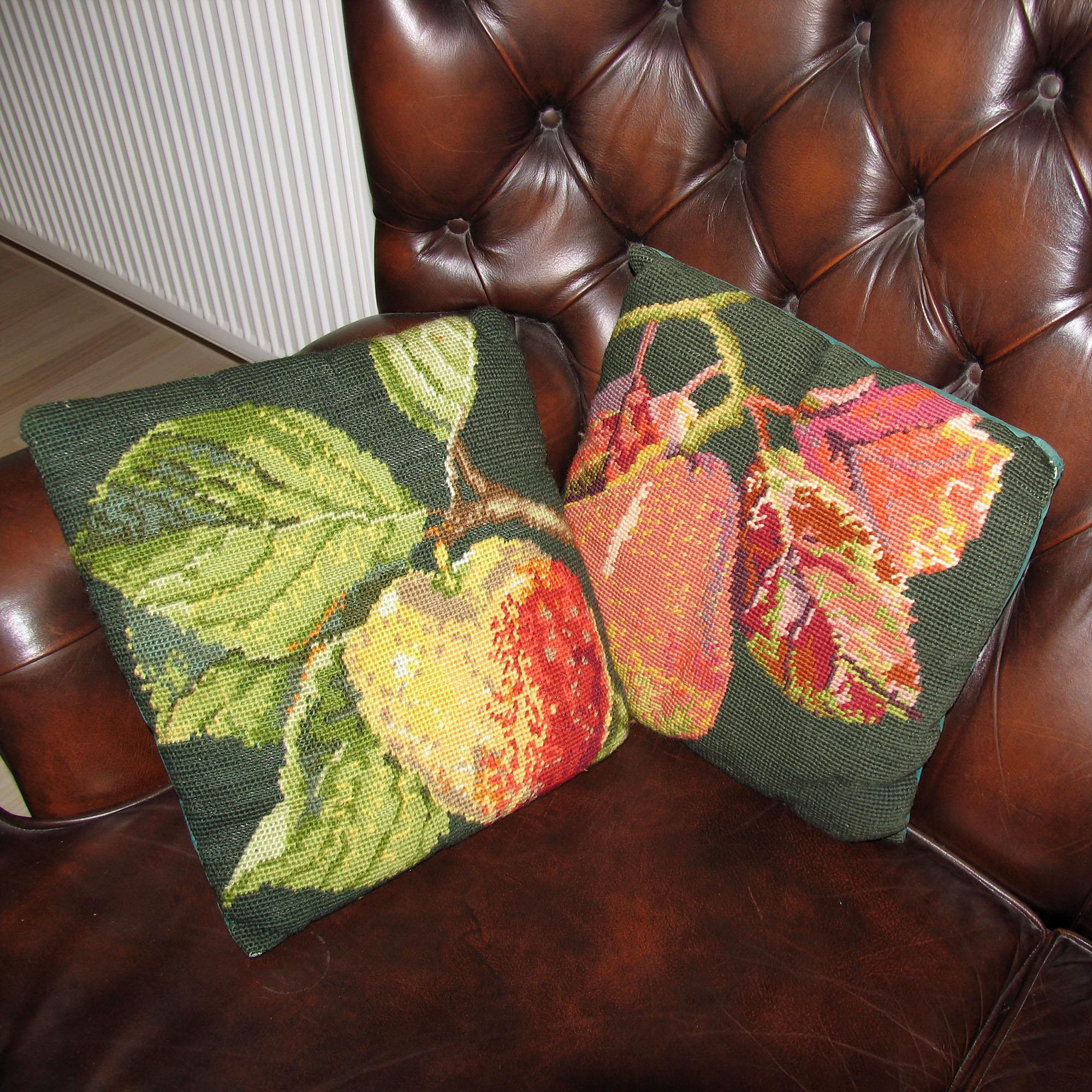 Lovely pair of embroidered pillows, needlepoint or petit point technique, fruits decor.
Very good original condition.
Dimensions: 33 x 33cm [13 x 13 in.].