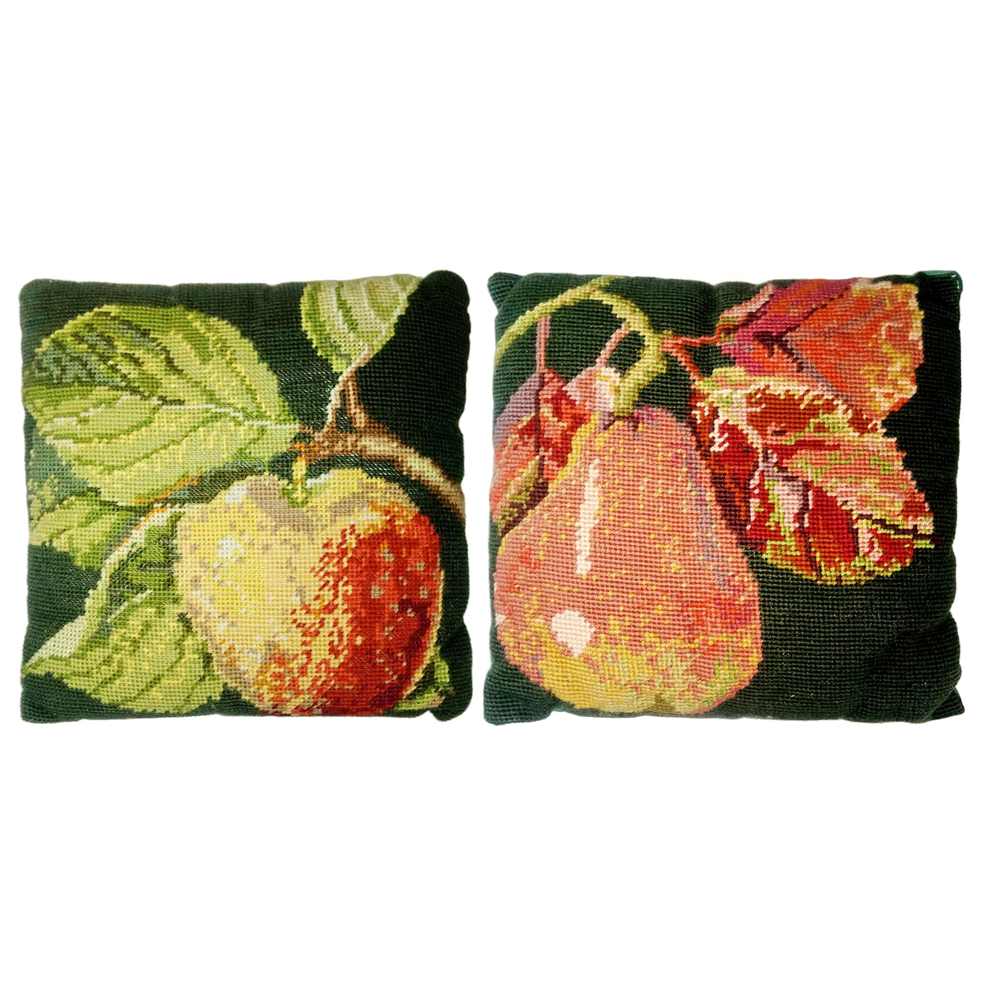 Vintage Pair of Petit Point Embroidery Pillows, Cushions, Sweden, 1930s
