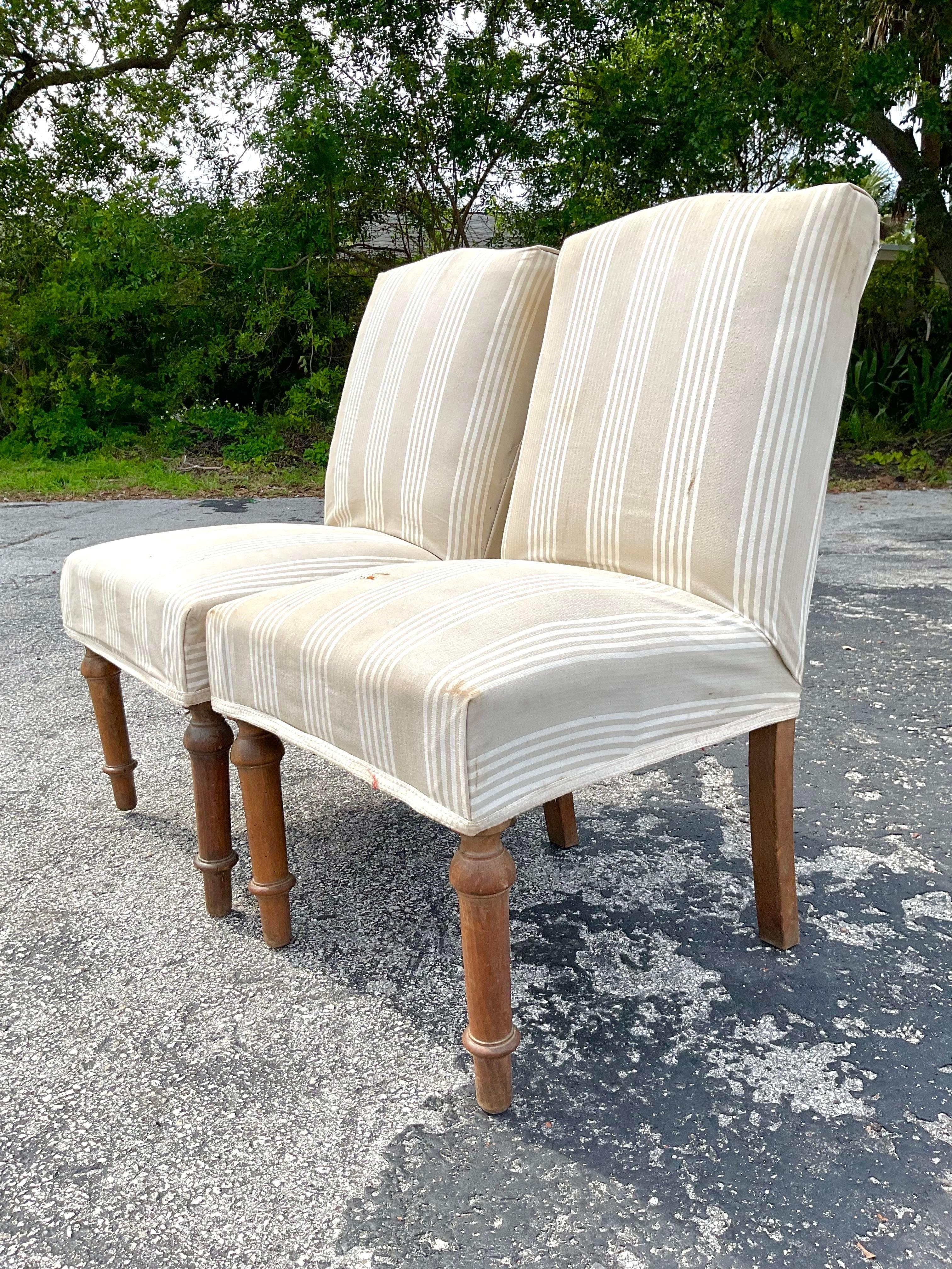 Rustic Vintage Pair of Petite Striped Slipper Chairs For Sale