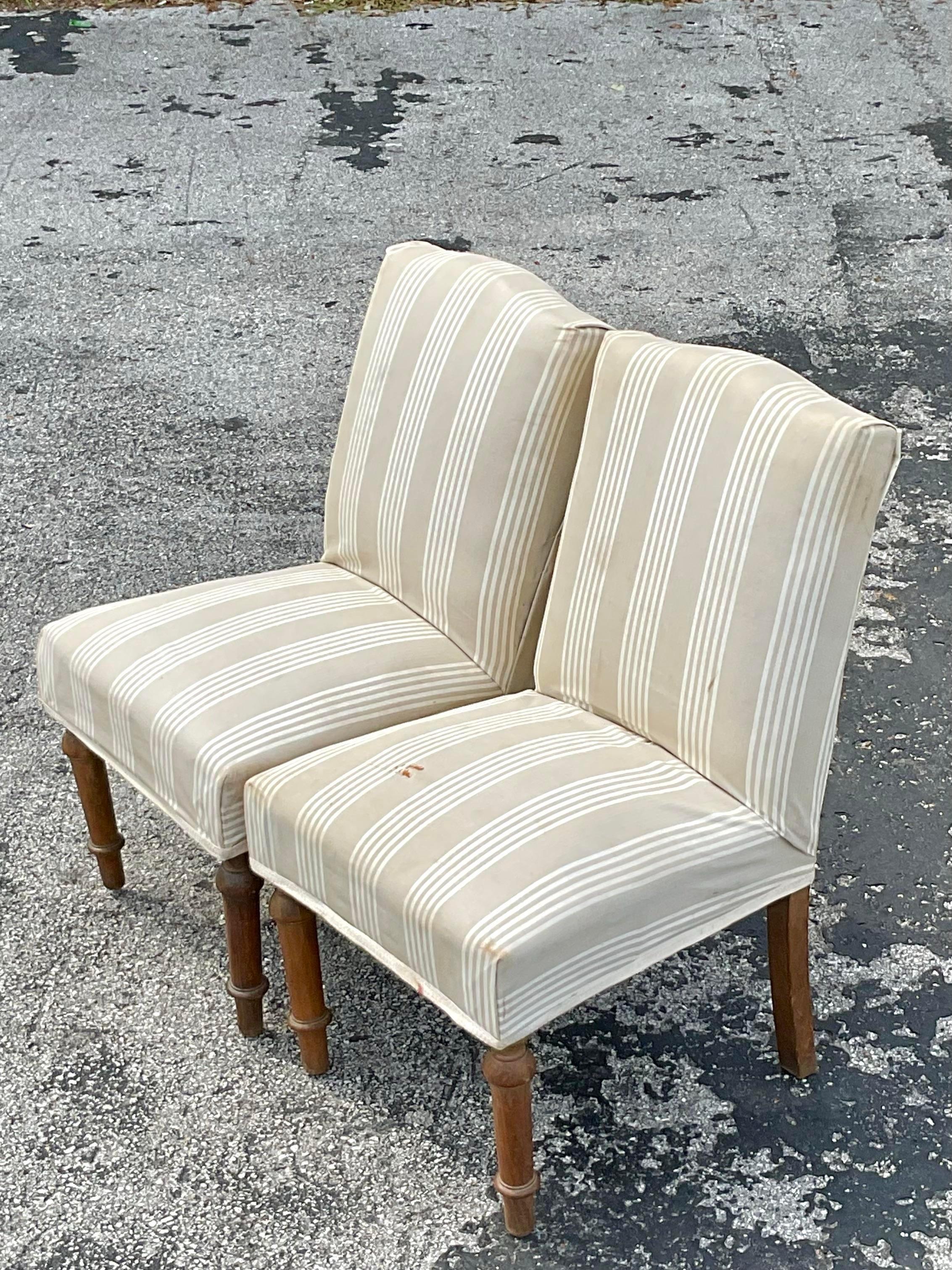 Upholstery Vintage Pair of Petite Striped Slipper Chairs For Sale