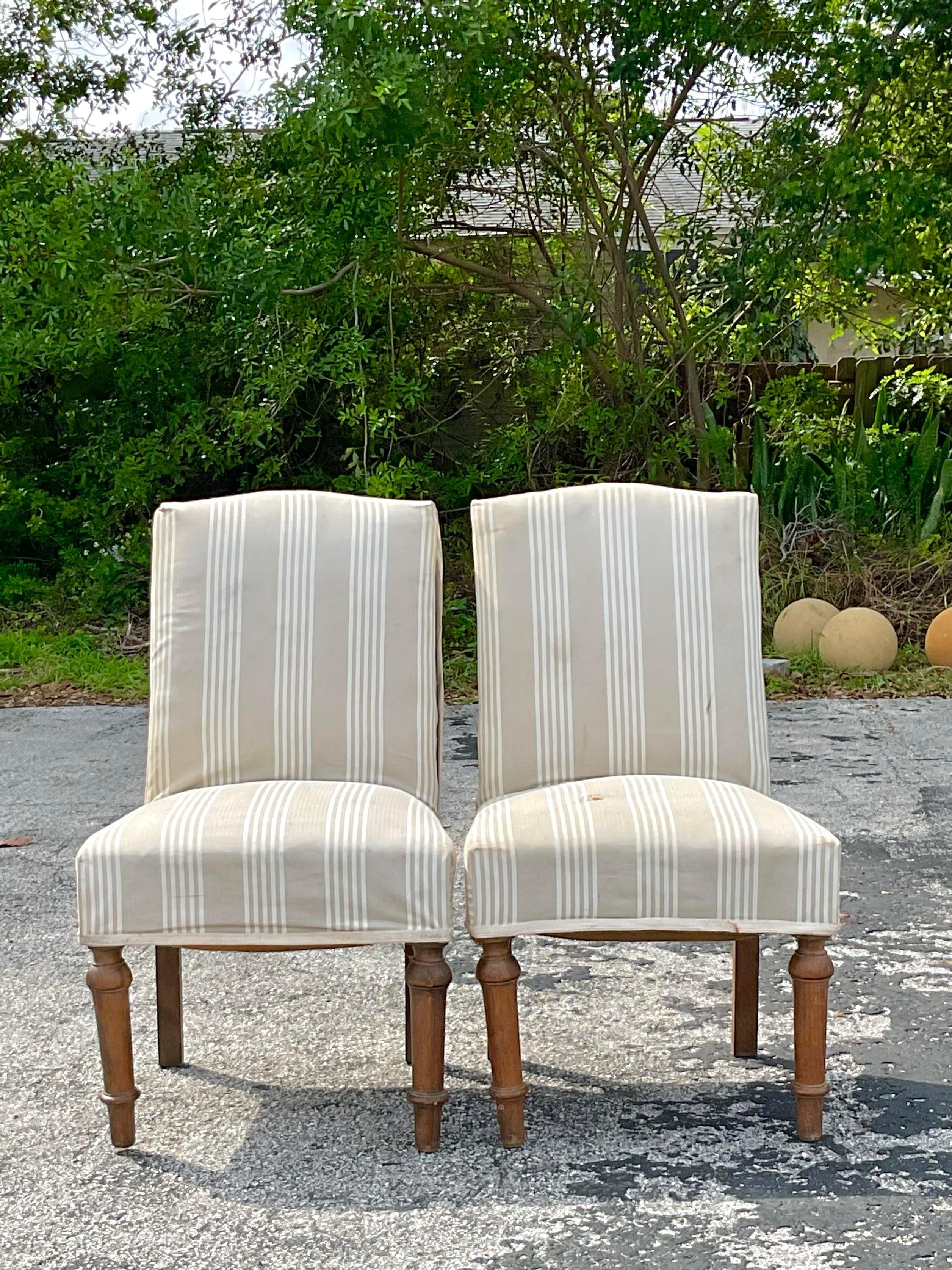 Vintage Pair of Petite Striped Slipper Chairs For Sale 1