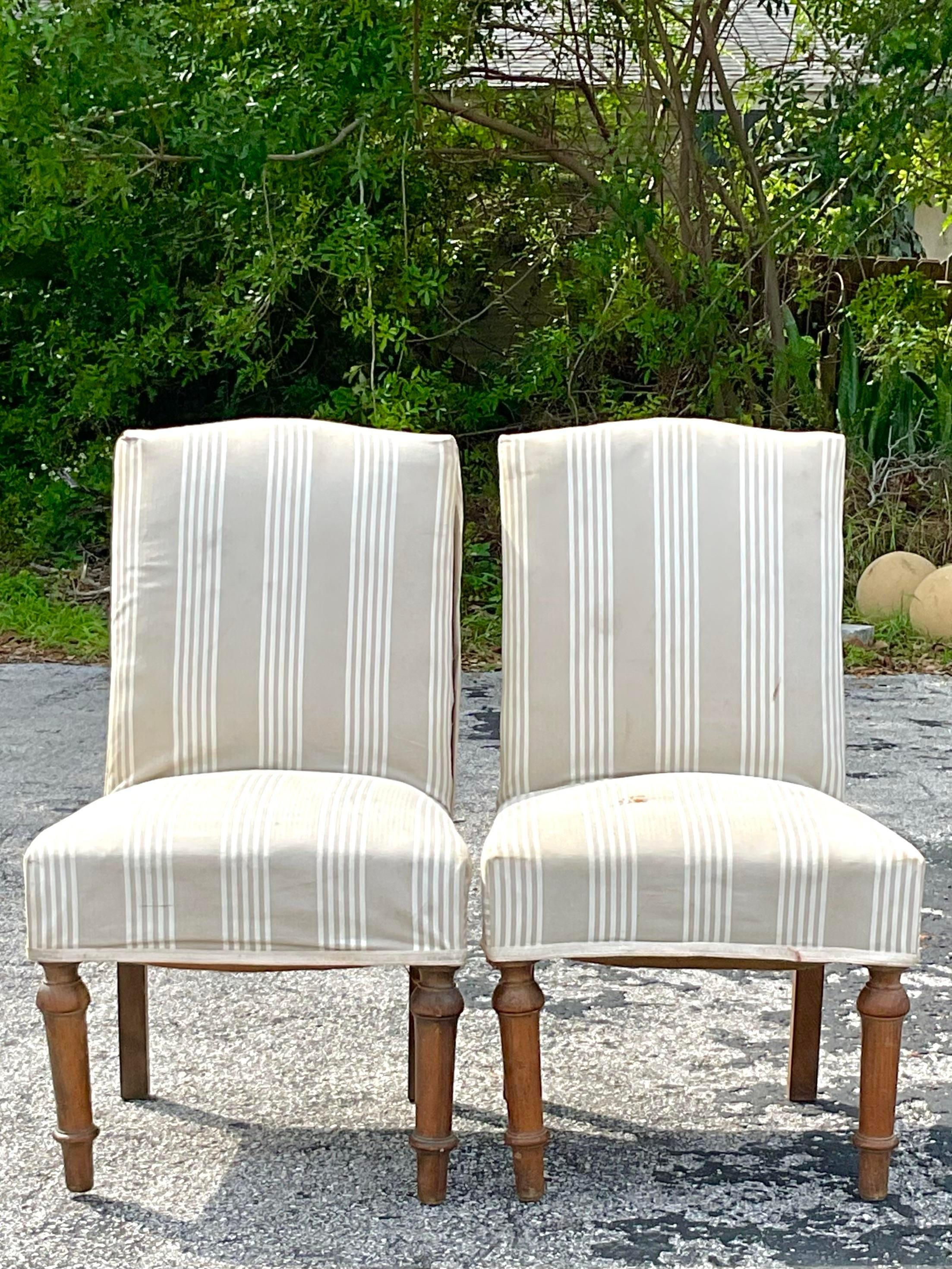Vintage Pair of Petite Striped Slipper Chairs For Sale 2