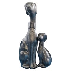Vintage, Mid-Century Modern Cast Pewter Dog Sculpture Pair, Parent and Pup