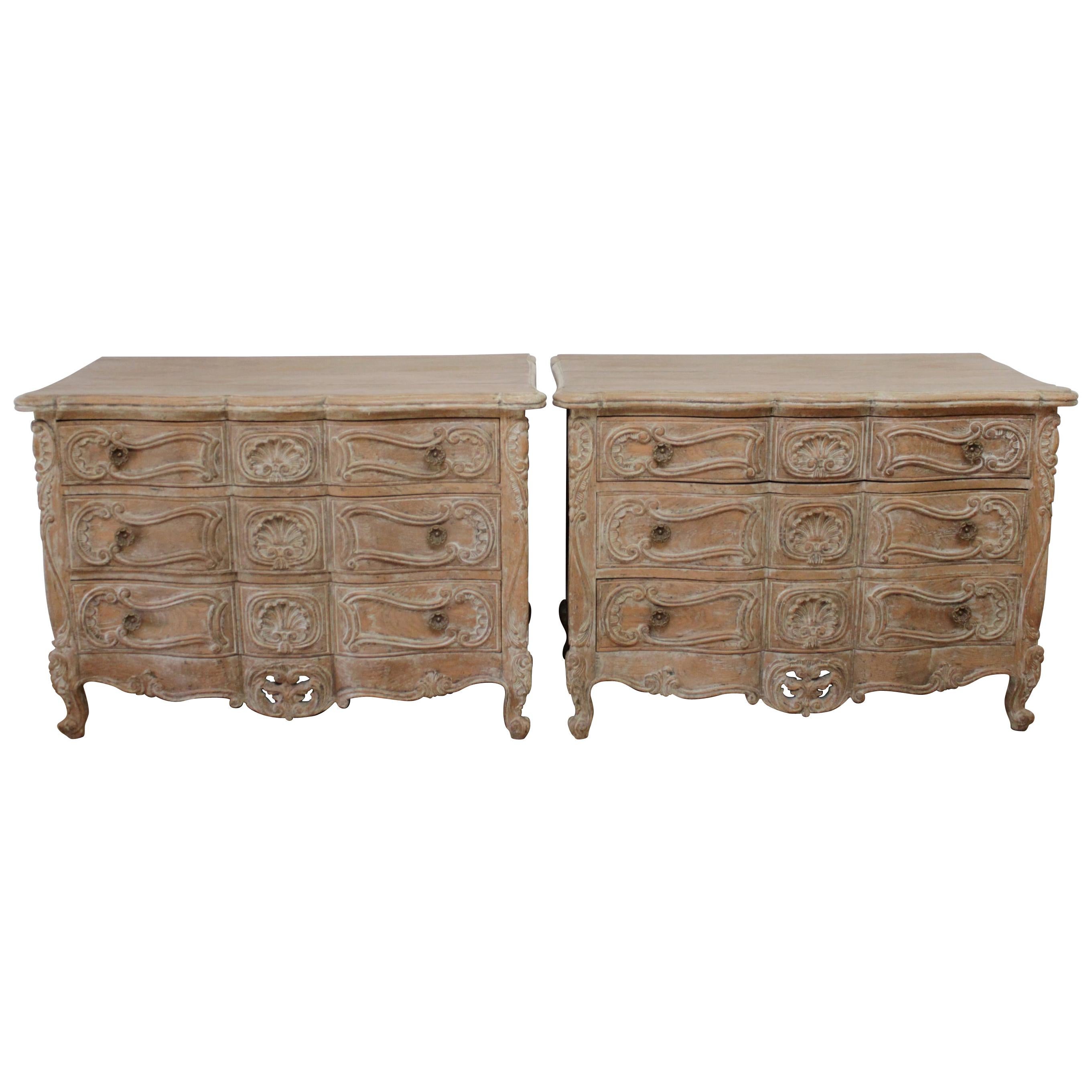 Vintage Pair of Pickled Carved Wood Nightstands Chest of Drawers
