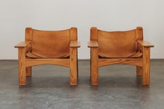 Vintage Pair Of Pine And Leather Safari Chairs From Denmark, Circa 1970