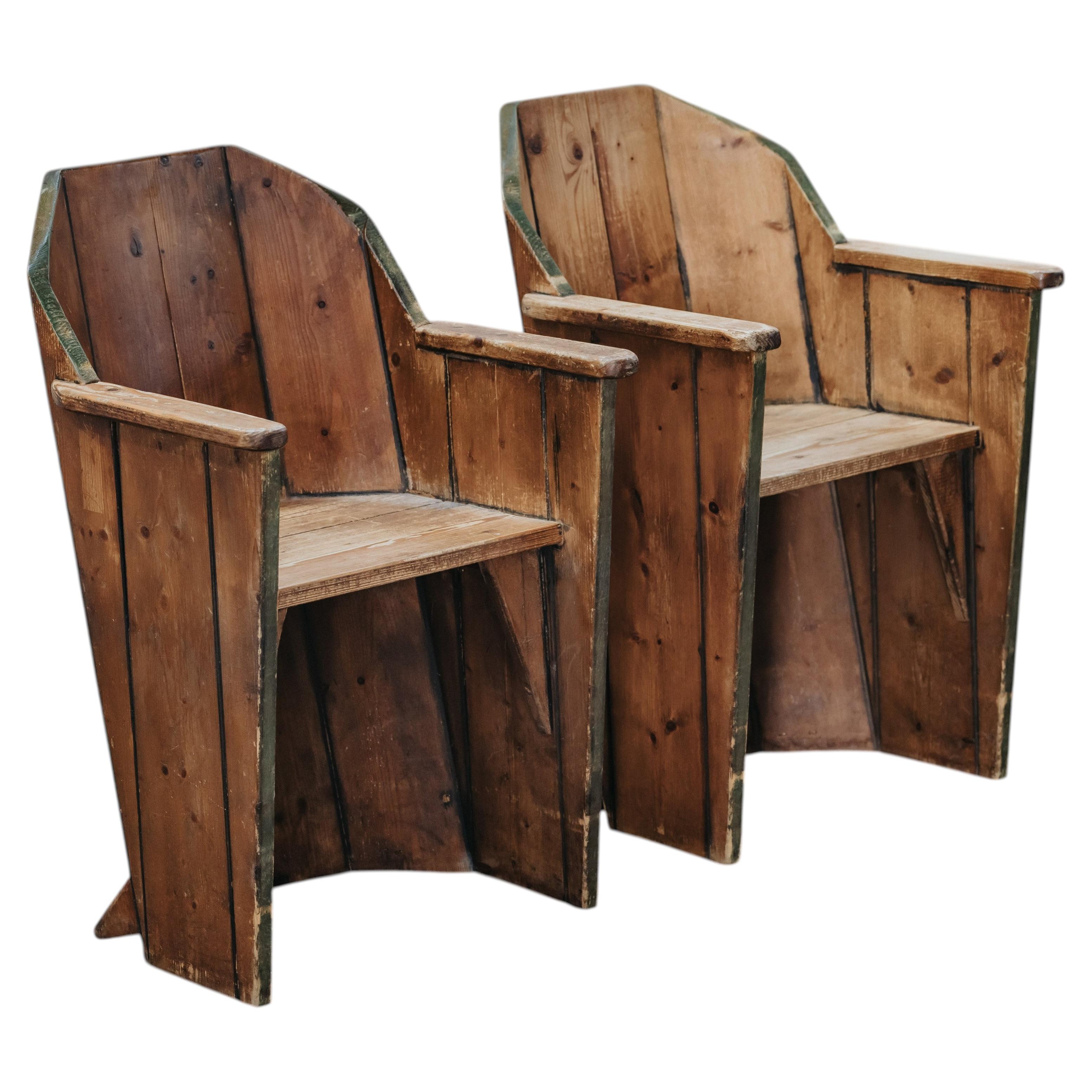 Vintage Pair Of Pine Side Chairs From France, Circa 1960
