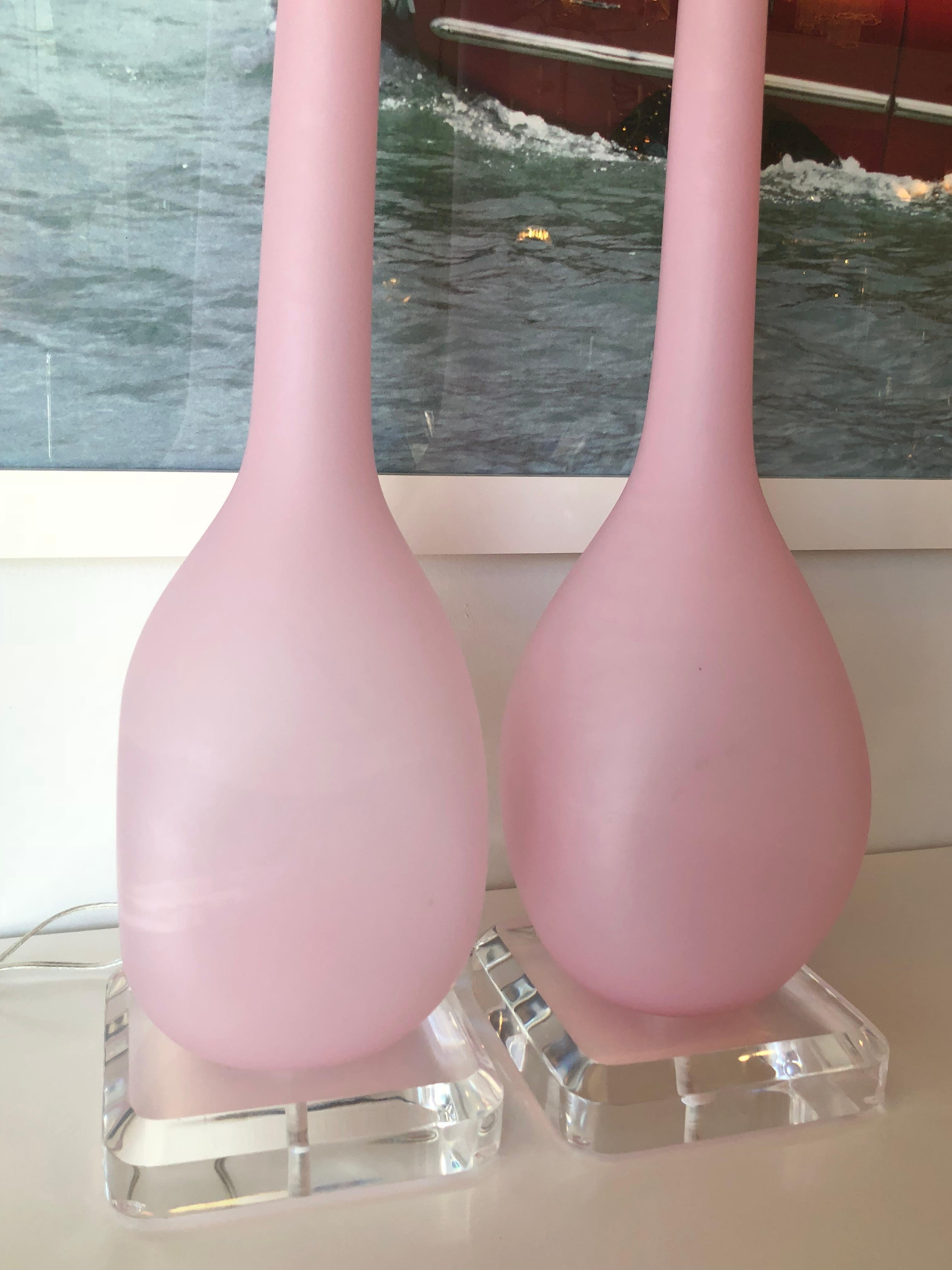 Vintage Pair of Pink Frosted Blush Murano Italian Table Lamps Lucite Brass 10